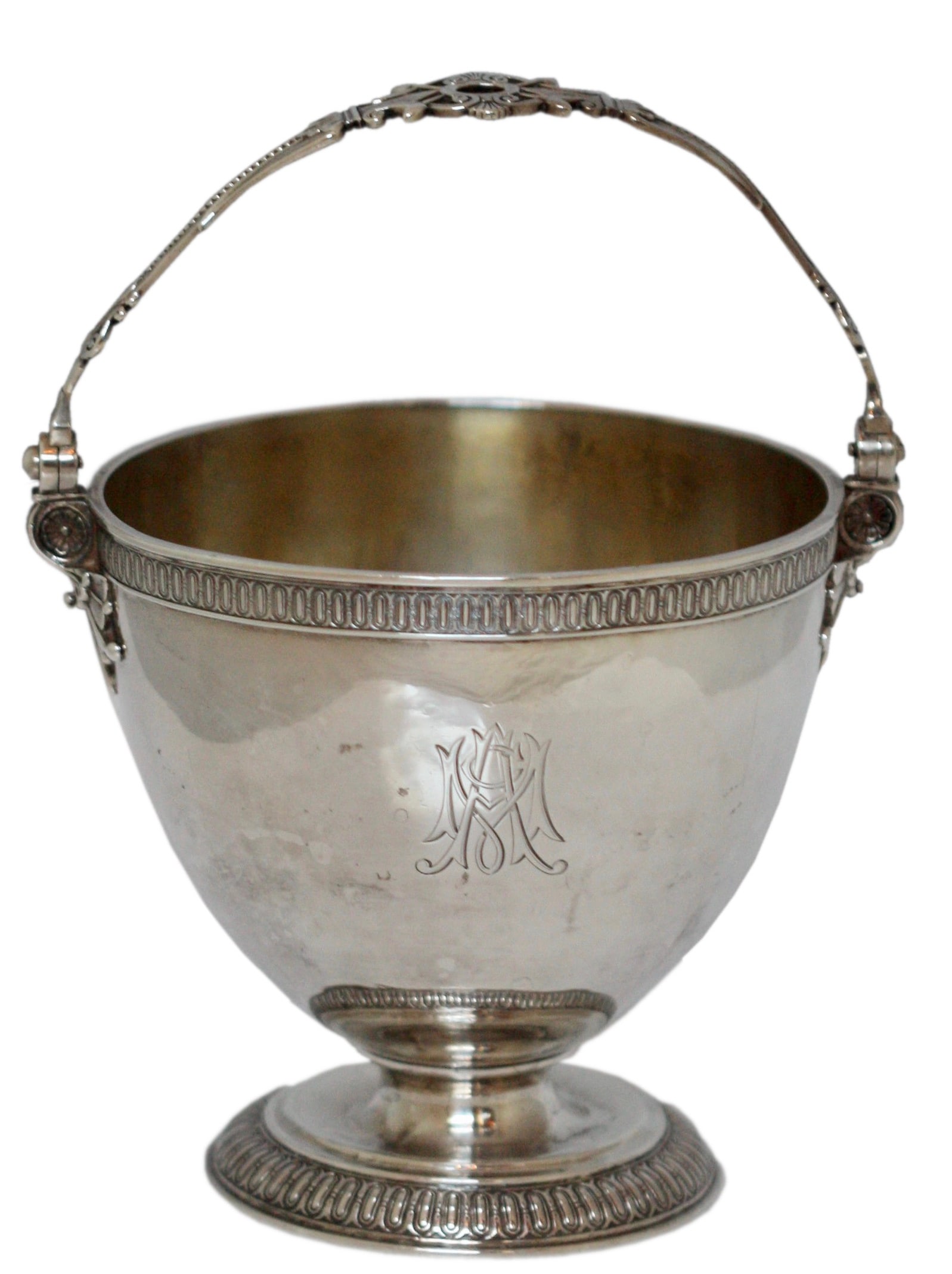 Tiffany & Co., Sterling Silver Sugar Bowl: Tiffany & Co., Sterling Silver Sugar Bowl 1870-1875. Tiffany & Co., with numerals and an M. The tapered cup form body monogrammed, AM, with a swing loop handle and a circular footpath with a
