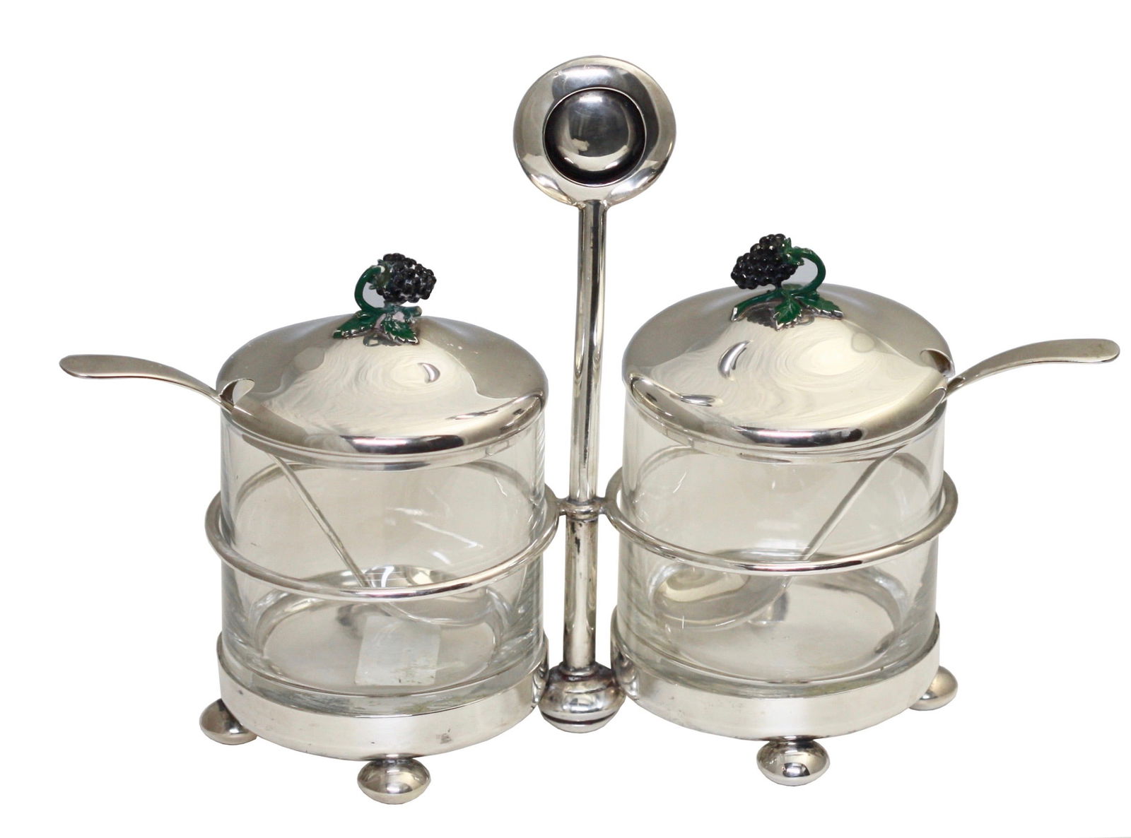 Art Modern Sterling Silver, Enamel and Glass Jam Set: Art Modern Sterling Silver and Glass Jam Set Probably American, 20th Century. The rim of each cover and the back of the spoons marked, Sterling, R B Co, each contained in a box. The circular frame,
