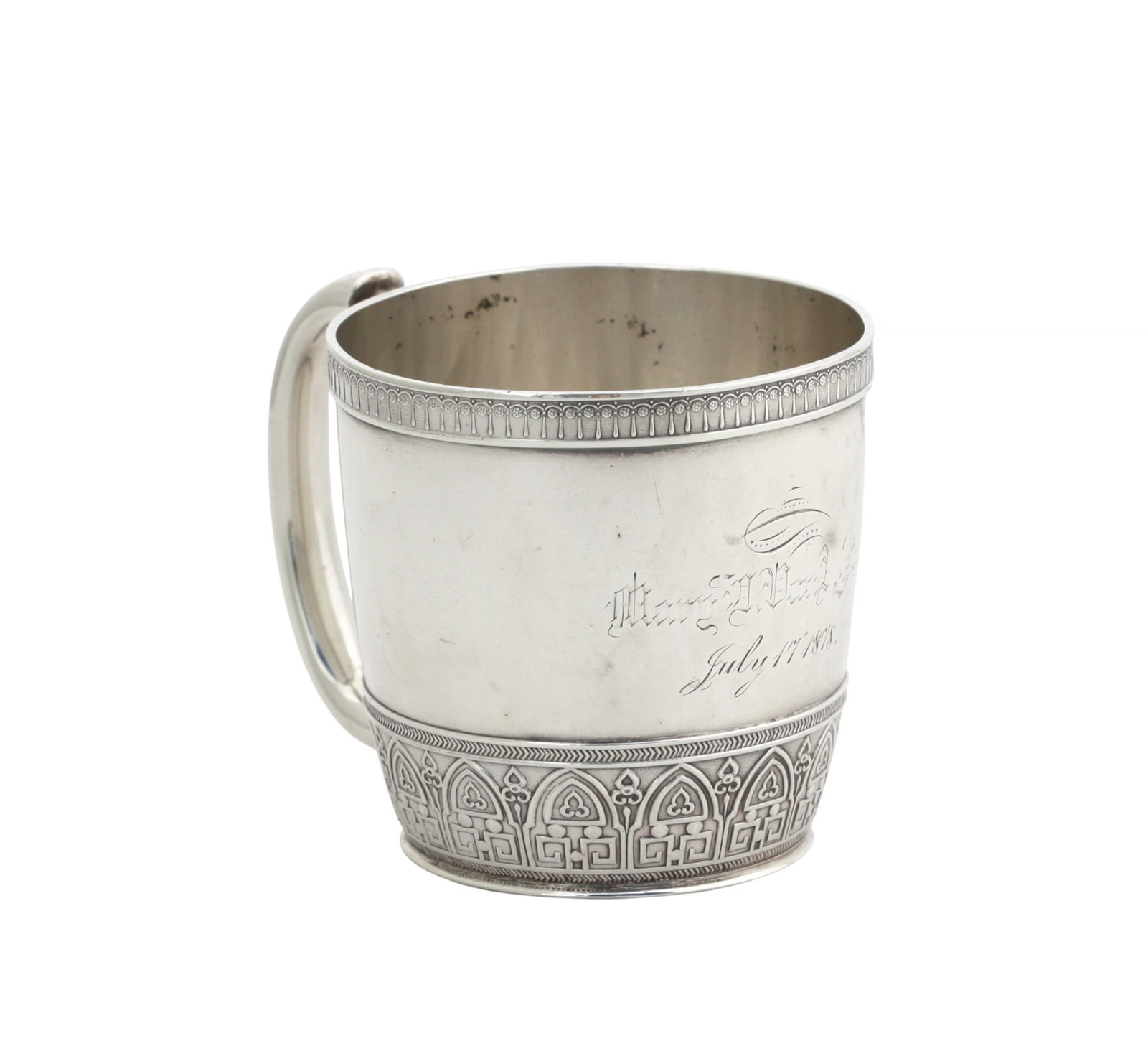 Gorham Sterling Silver Childs Cup: Gorham Sterling Silver Childs Cup Marked, with date letter I, for 1876. Sterling. Cylindrical with a loop handle and chased with borders of stylized gothic motifs, incised Mary ....., , dated July