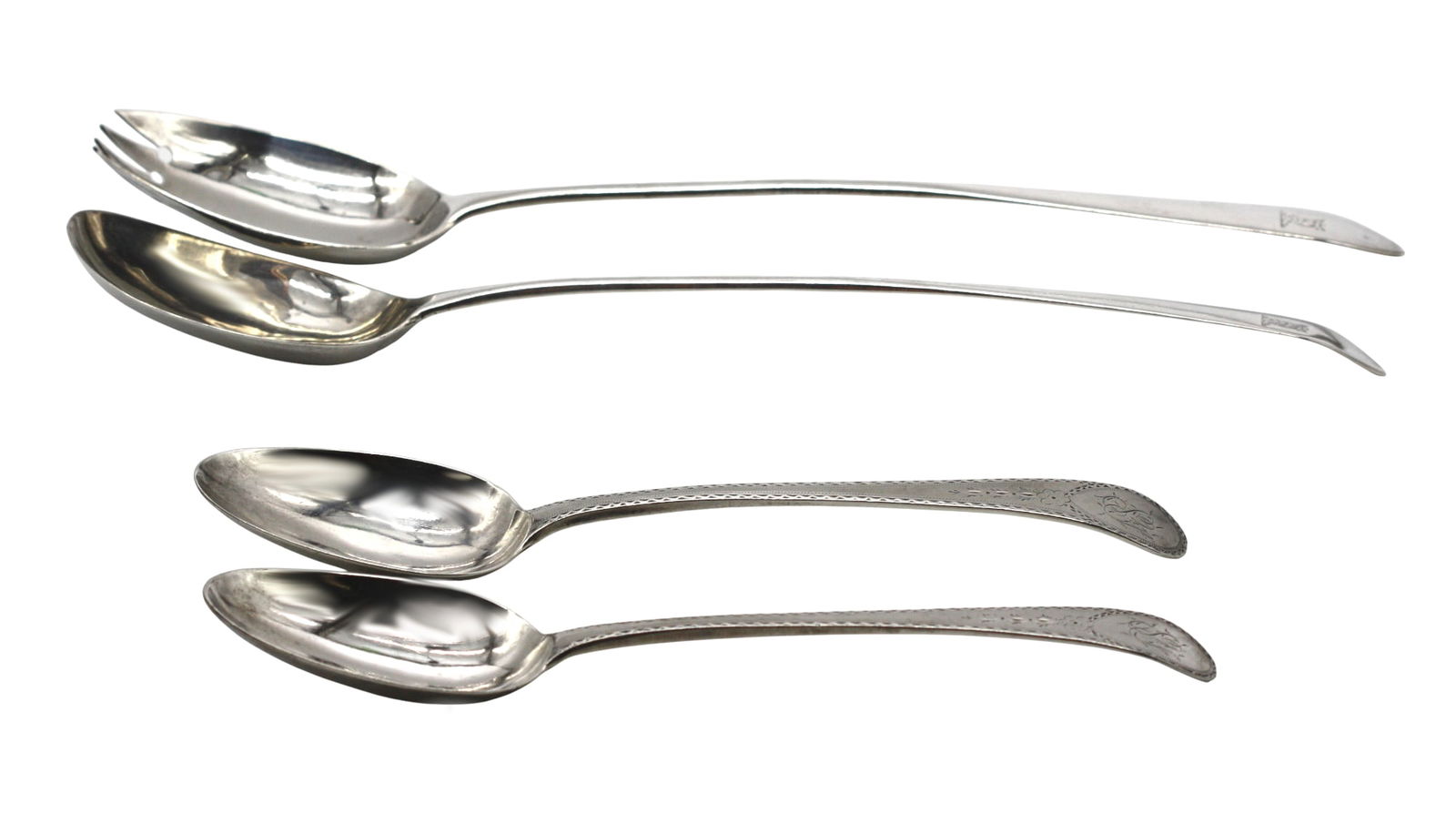 Two Pairs of English Silver Serving Spoons.: Two Pairs of English Silver Serving Spoons. Late 18th/early 19th Century, marked, maker probably, Samuel Wintle. The first pair with one spoon cast with short prongs, with the handle incised with a