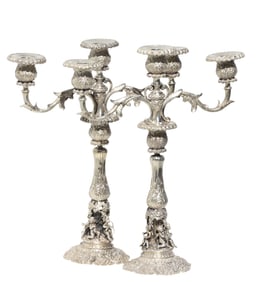 Pair of Continental Renaissance Style Silver Three-Light Candelabra