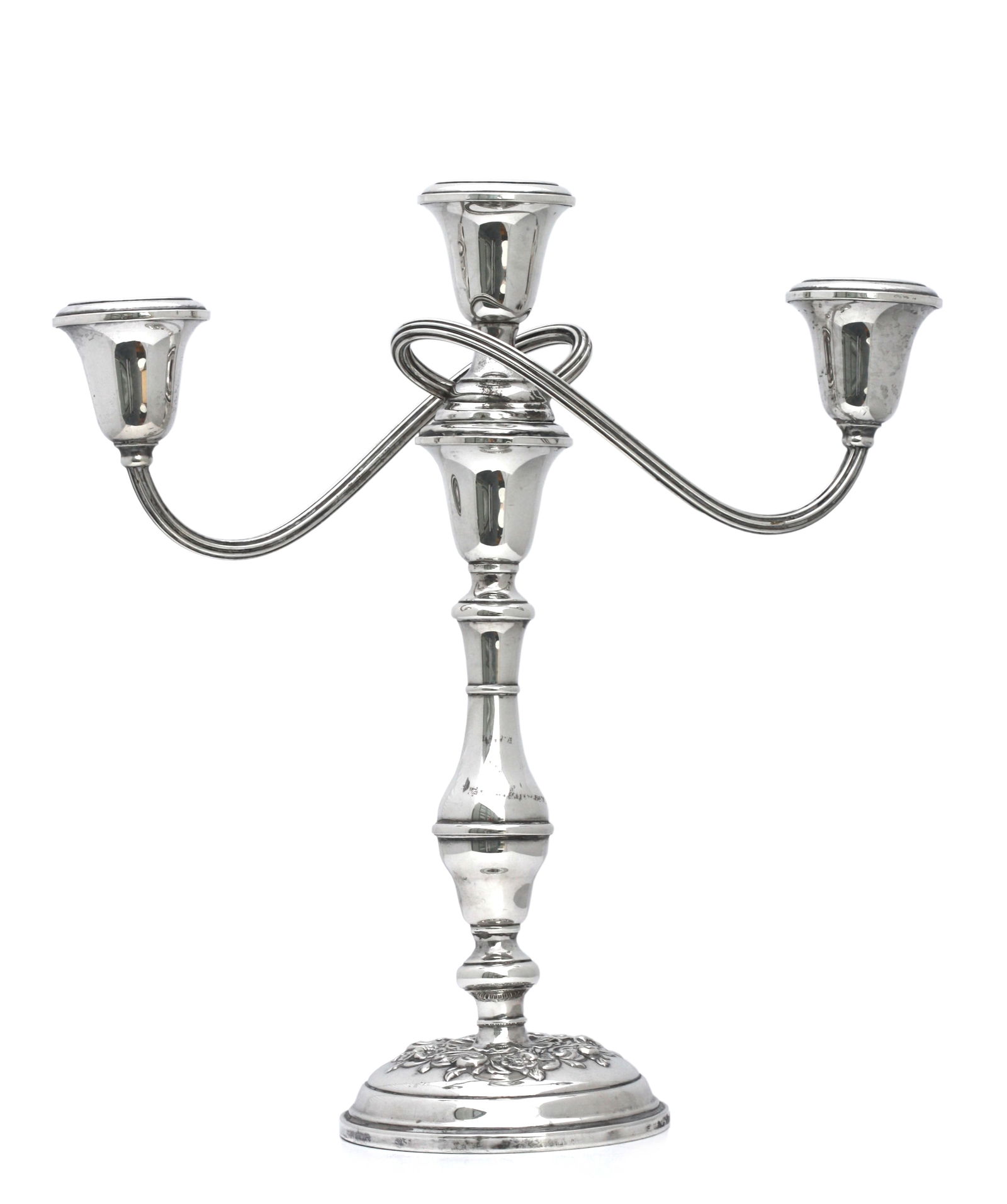 Gorham Sterling Silver Three-Light Candelabra: Gorham Sterling Silver Three-Light Candelabra The underside marked. The knob stem above a foliate and scroll chased circular domes base, the removable candelabra with reeded arms and candle nozzles.