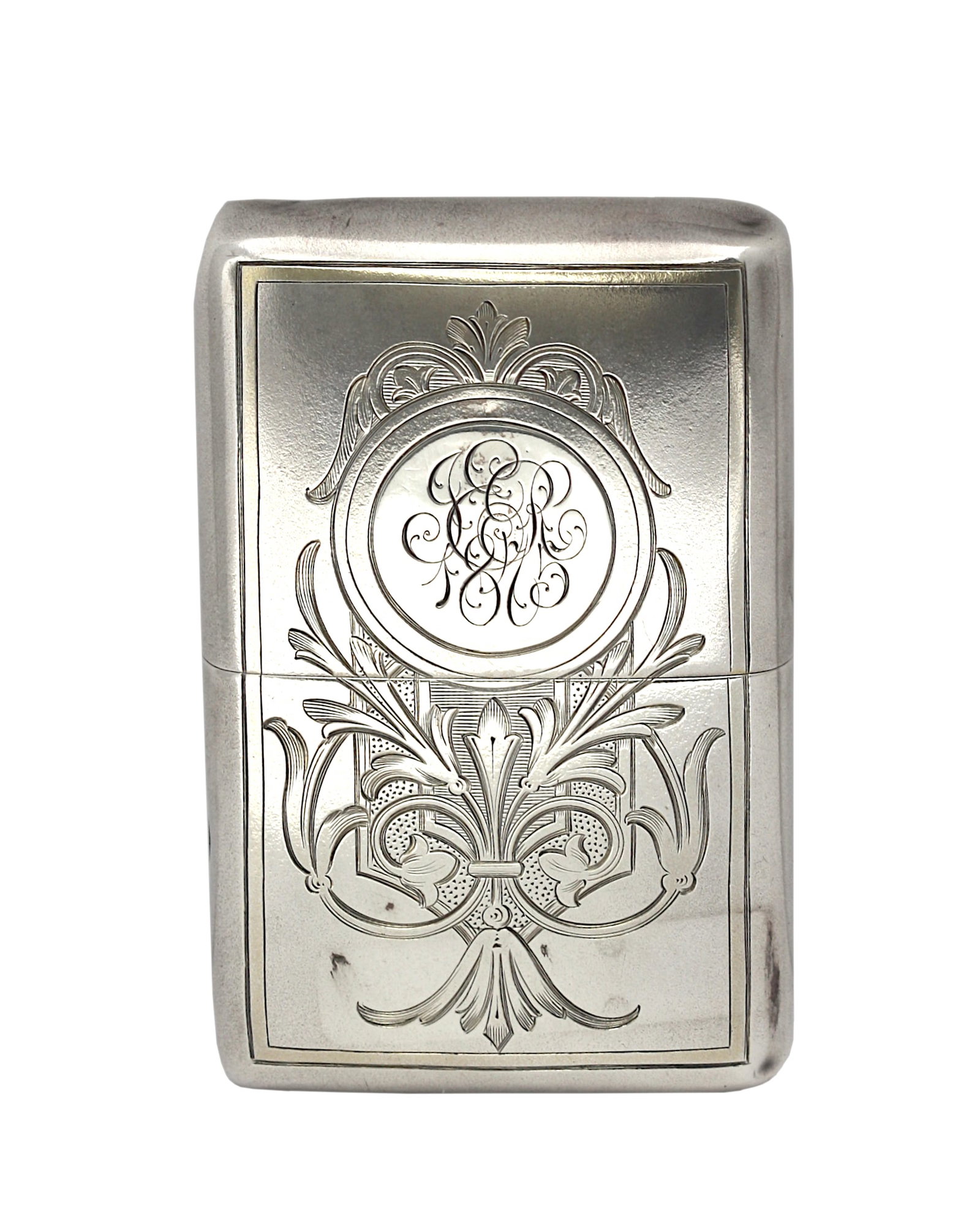 American Sterling Silver Aesthetic Movement Whiskey Flask: American Sterling Silver Aesthetic Movement Whiskey Flask Late 19th Century. Marked Sterling. Rectangular, with a removable cover, the exterior etched with stylized foliage and reserved with a