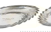 Tiffany & Co. Sterling Silver Bread Tray.: Tiffany & Co. Sterling Silver Bread Tray. Circa 1915, marked. Oval with a reticulated lattice and bead border, inscribed Hilda Robinson Smith, April 16th, 1914. Height 2.5 in., Length 10.5 in., 8.47 t