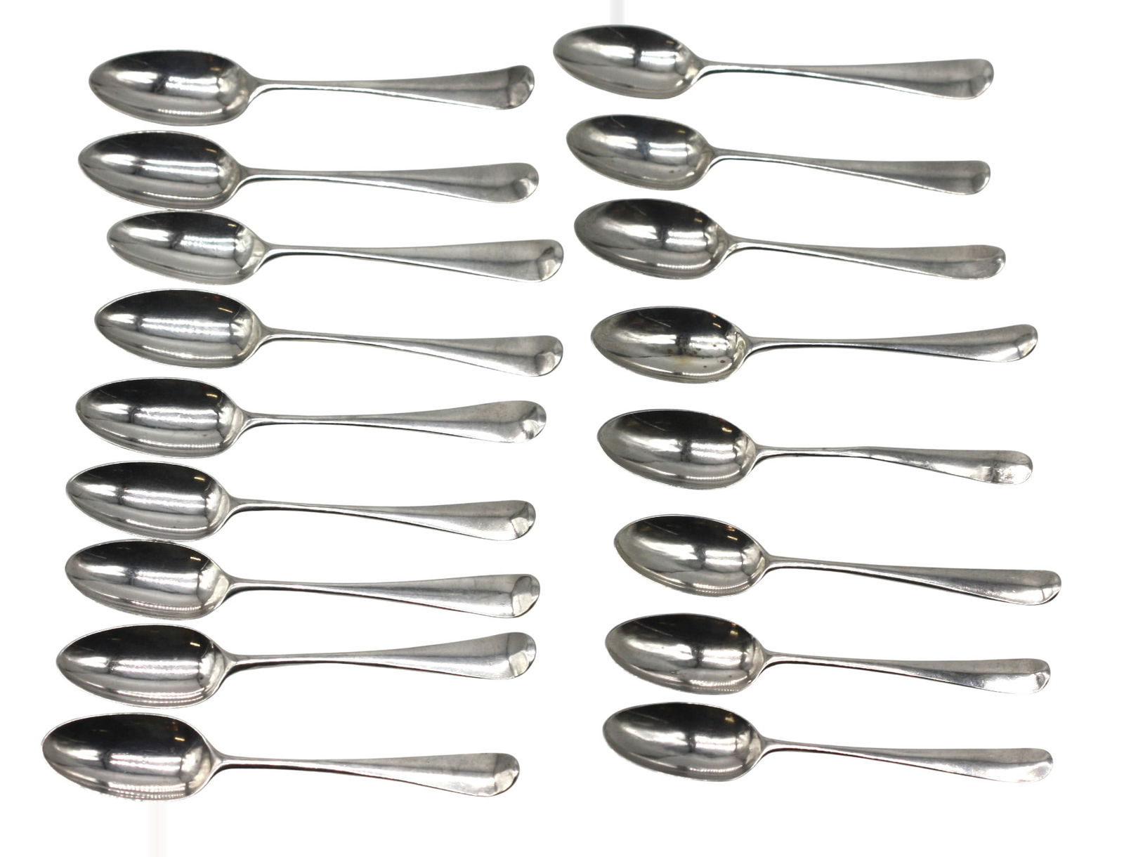 Group of Seventeen Similar English Silver Demitasse Spoons: Group of Seventeen Similar English Silver Demitasse Spoons Each with illegible makers mark and an English assay mark. Each with a simple fiddle-back handle, some with a monogram on the reverse