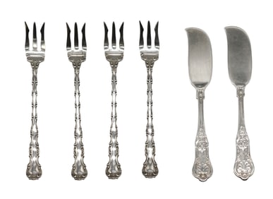 Four Gorham Sterling Silver Cocktail Forks & Pair of Sterling Butter Spreads
