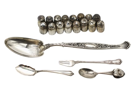 Miscellaneous Silver Cutlery & Sixteen Small Silver Salt Shakers