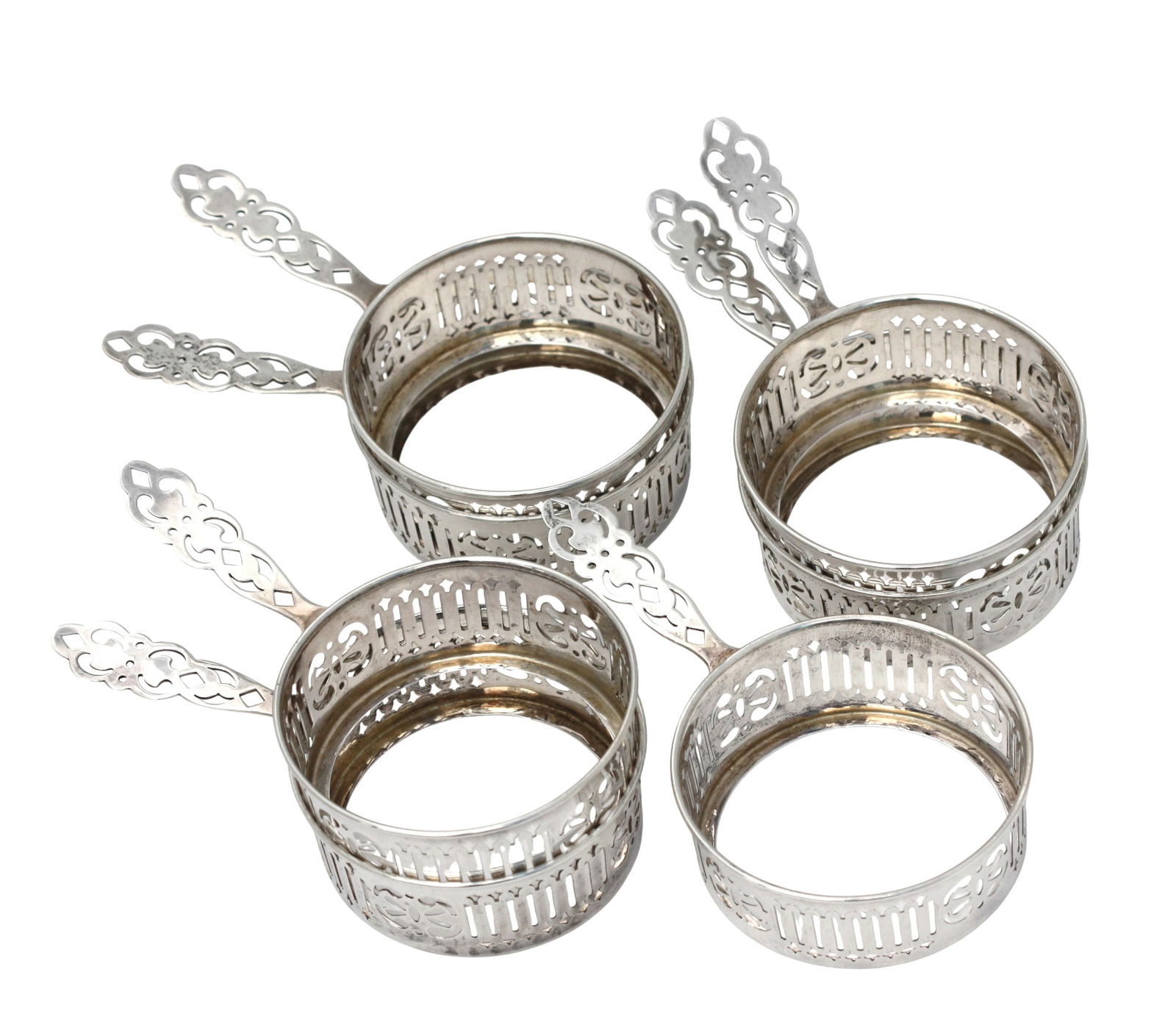 Seven Shreve & Co. Sterling Silver Ramakins: Seven Shreve & Co. Sterling Silver Ramakins marked. circular, with reticulated sides and handle. 6.6 troy ozs. Height 1.25 in., Width 5.25 in.