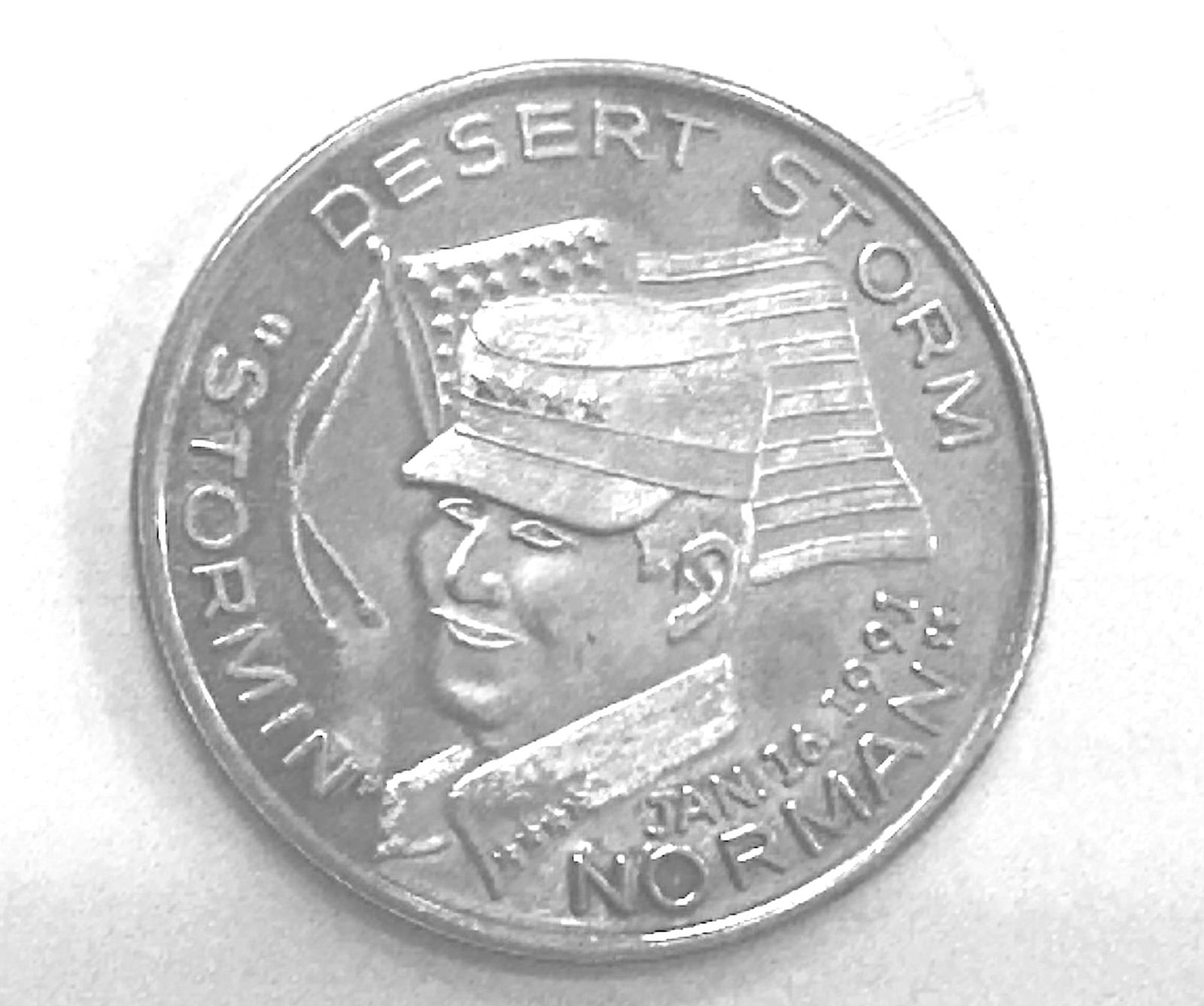 1 oz. Silver Coin, Desert Storm,: 1 oz. Silver Coin, Desert Storm, Jan. 1991 Desert Storm, Stormin Norman, Jan. 16, 1991, the reverse with eagle and shield, .999 fine silver.