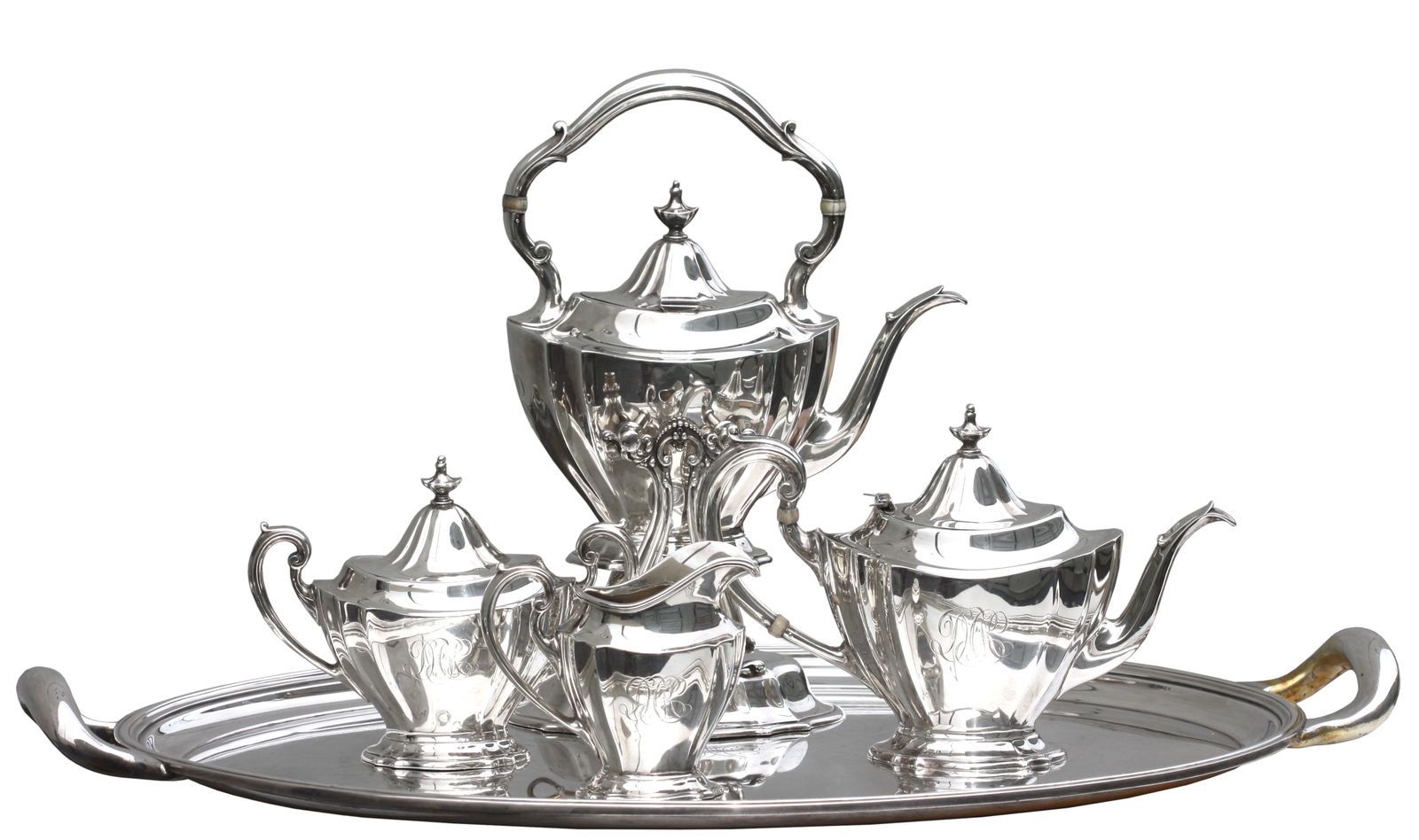 Reed & Barton Sterling Four-Piece Tea & Coffee Service w/a Tiffany Silver Plated Tray. (1 of 10)