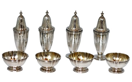 Eight Tiffany & Co. Sterling Table Items, Four Open Salts & Four Casters