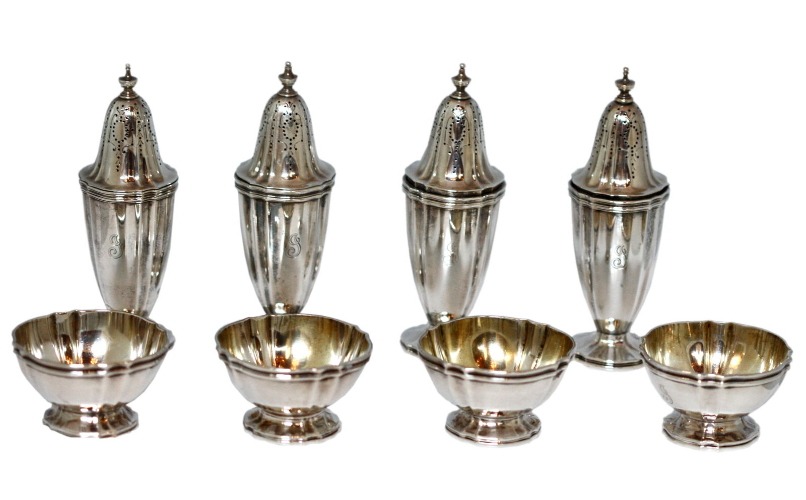 Eight Tiffany & Co. Sterling Table Items, Four Open Salts & Four Casters (1 of 8)