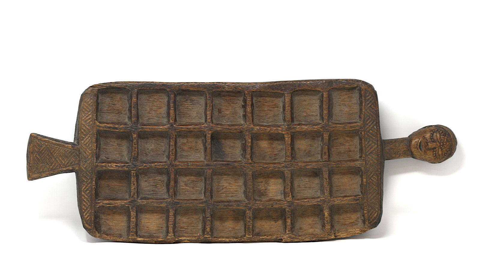 African Zoomorphic Wood Game Board: African Zoomorphic Wood Game Board The center rectangular divided section flanked by a stylized head and a birds tail, on a circular base. Height 3 in., Width 23 in., Depth 9 in.