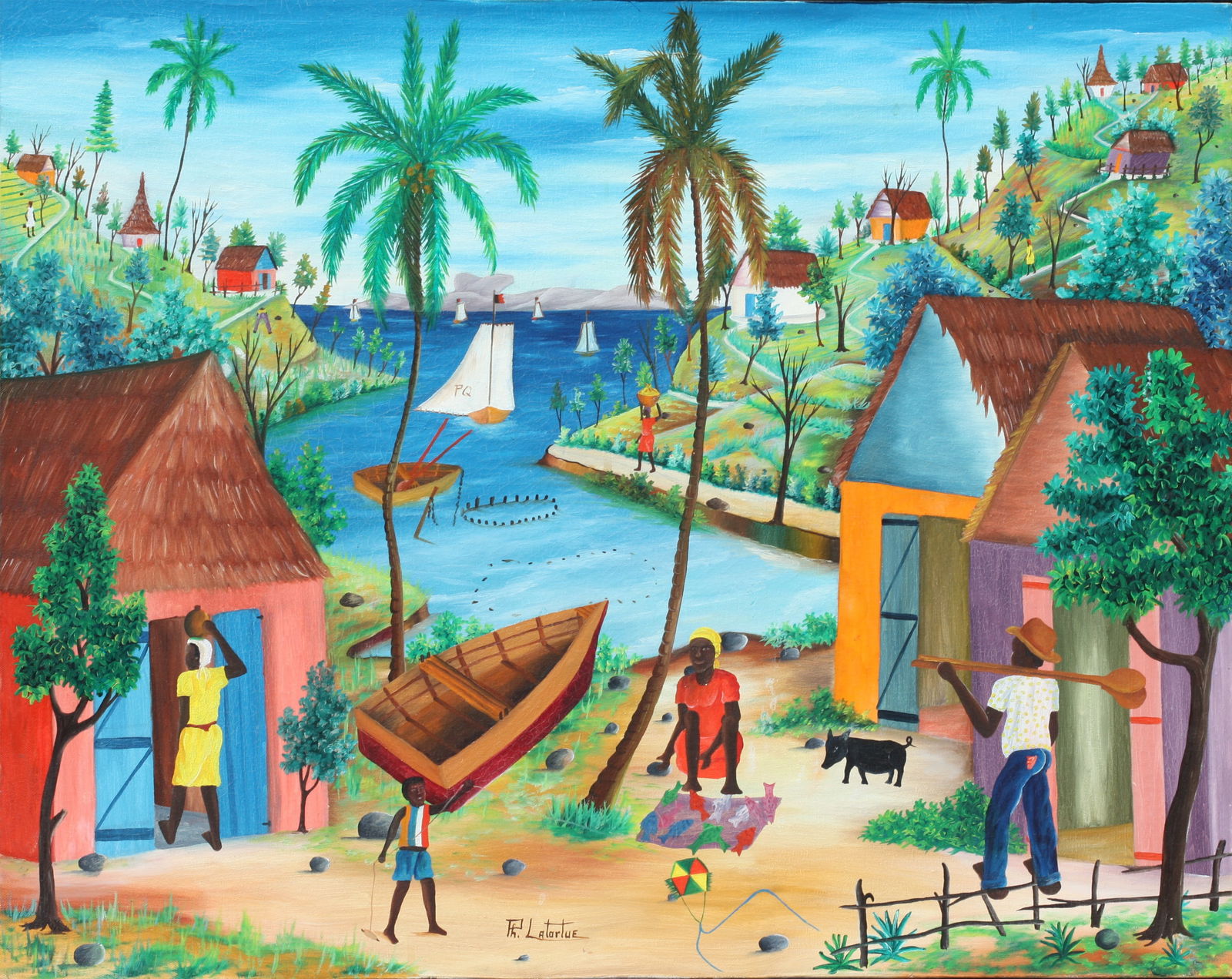 Philton Latortue, (Haitian, b. 1944), Painting: Philton Latortue, (Haitian, b. 1944) Village Harbor, signed, lower center, oil on canvas overall 25 by 31 in