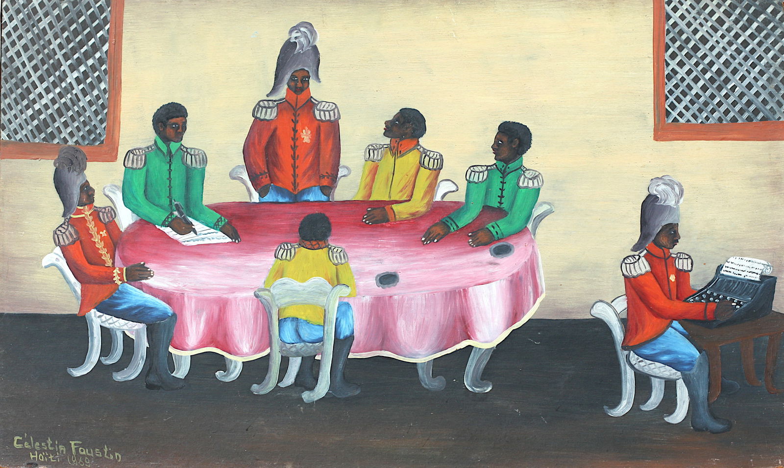 Clestin Faustin, (Haitian, 1948-1981), Painting: Clestin Faustin, (Haitian, 1948-1981) Officers Conference at a Table, 1968, oil on masonite, signed, dated 1968, the reverse also inscribed indistinctly in French, #40. 16 by 24.75 in.