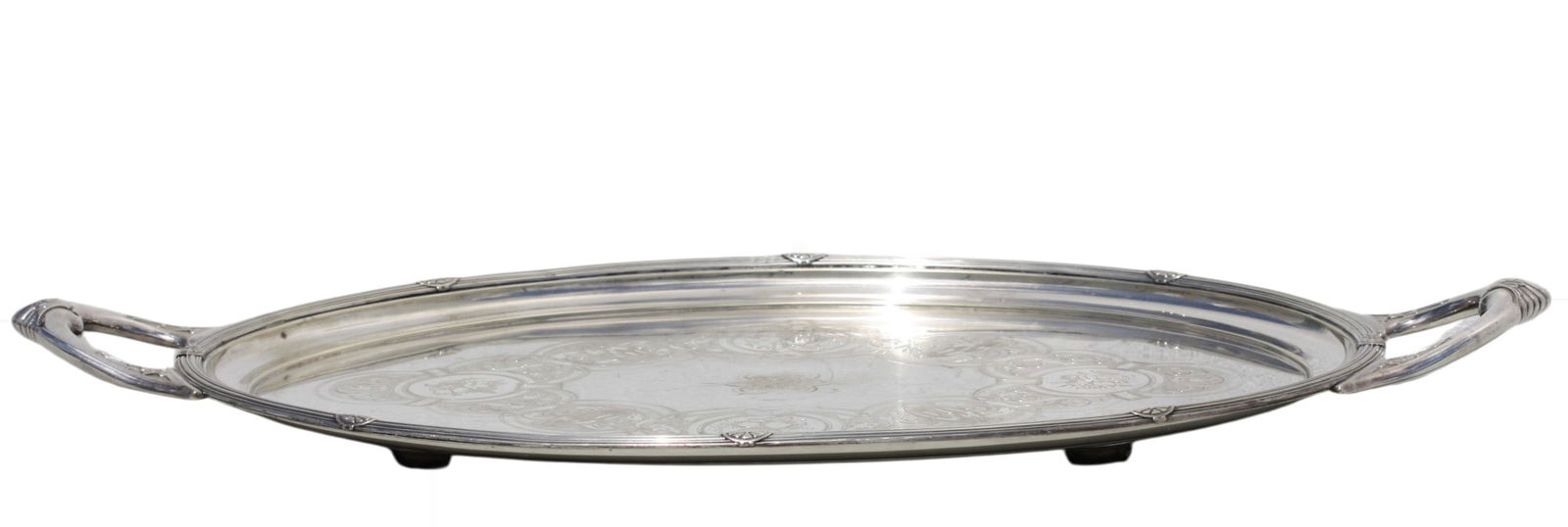 Good Gorham Silverplate Oval Tea Tray: Good Gorham Silverplate Oval Tea Tray Late 19th/early 20th Century, marked Gorham Manf. & Co., 24M. In a neoclassical style, With two handles a reeded border and patera. Length 29.5 in., Width 18