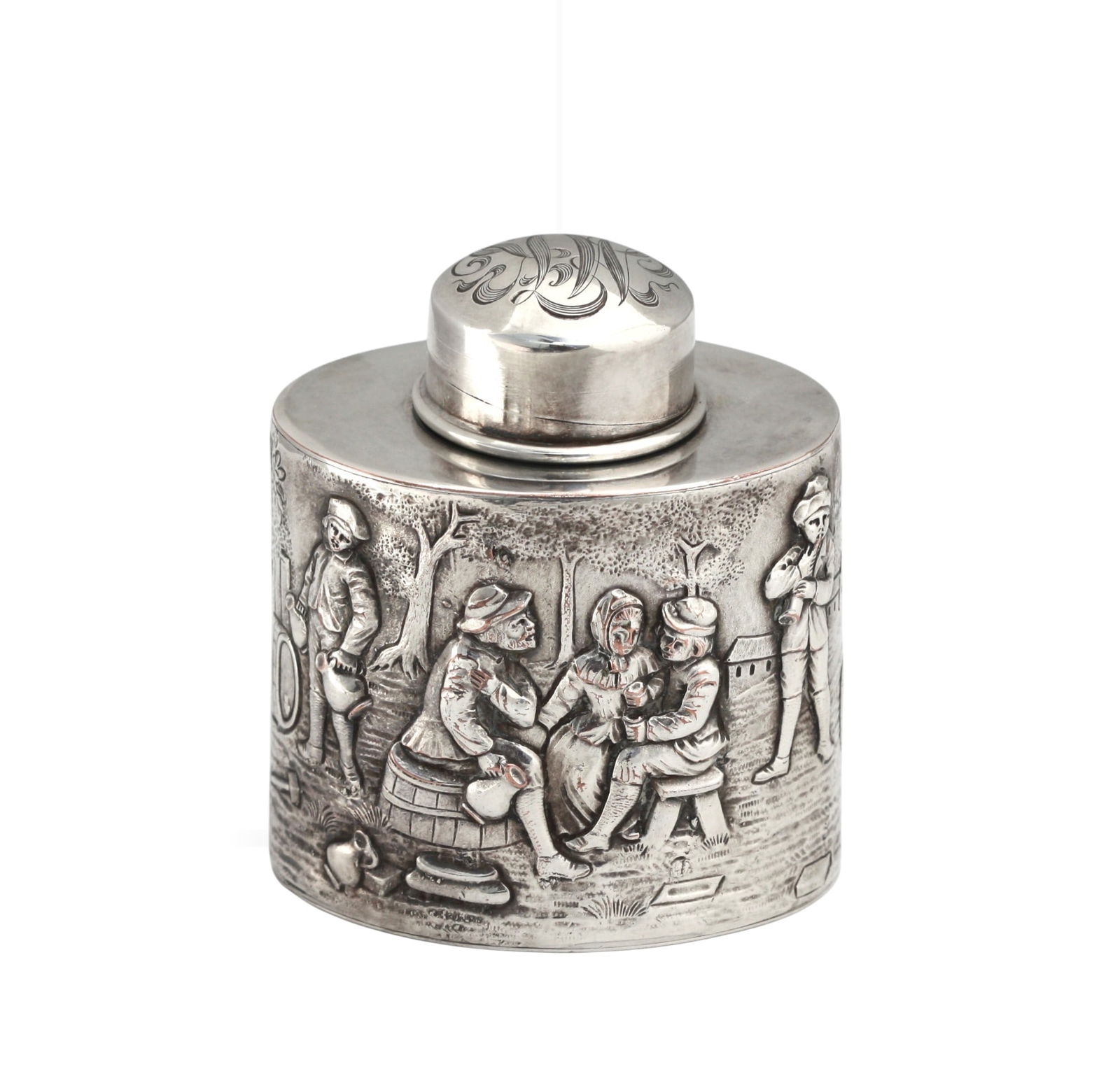 European Silver on Copper Tea Caddy: European Silver on Copper Tea Caddy Late 19th/early 20th century, possibly Dutch. Oval, repousse decorated with a tavern scene, the cap with a monogram. Height 4.5 in., Width 3 in., Depth 2.5 in.
