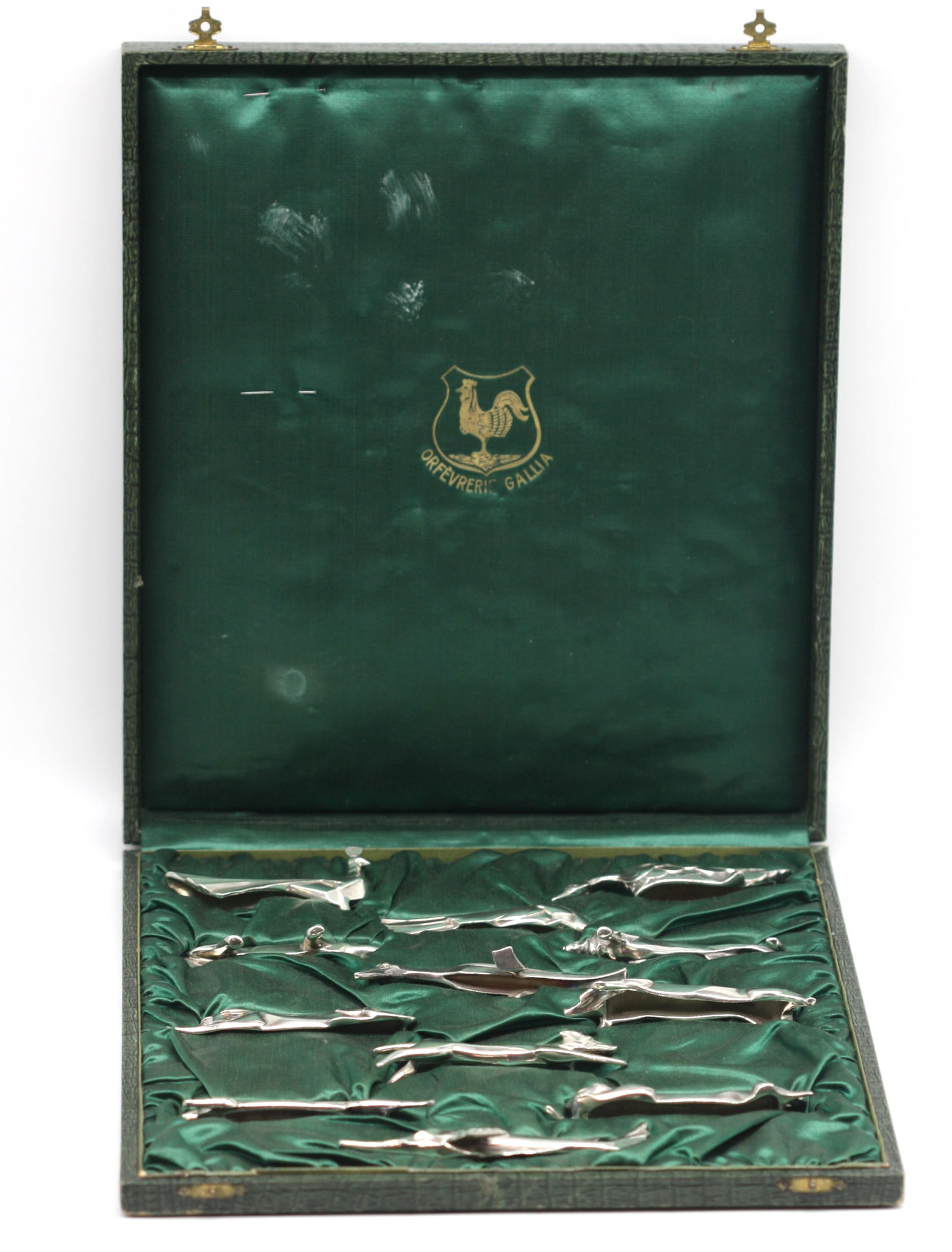Édouard-Marcel Sandoz, for Christoffel, Retailed by Orfevrerie Gallia, Knife Rests: Édouard-Marcel Sandoz, for Christoffel, Retailed by Orfevrerie Gallia. Art Deco Set of Twelve Silvered-Metal Animal-Form Knife Rests, circa 1930, In a fitted hinged box, most signed, O. Gallia, and