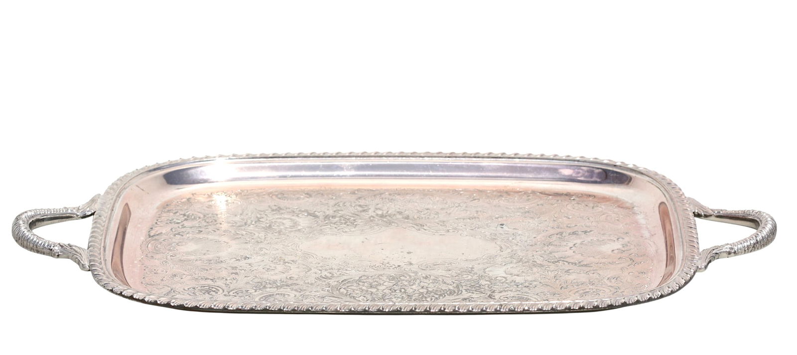 Small Silver Plate Rectangular Tray: Small Silver Plate Rectangular Tray Marked Black Star & Gorham. The gadrooned border and handles centering a recess with allover rococo style foliage and C-Scrolls. Length 16 in., Width 9.5 in.