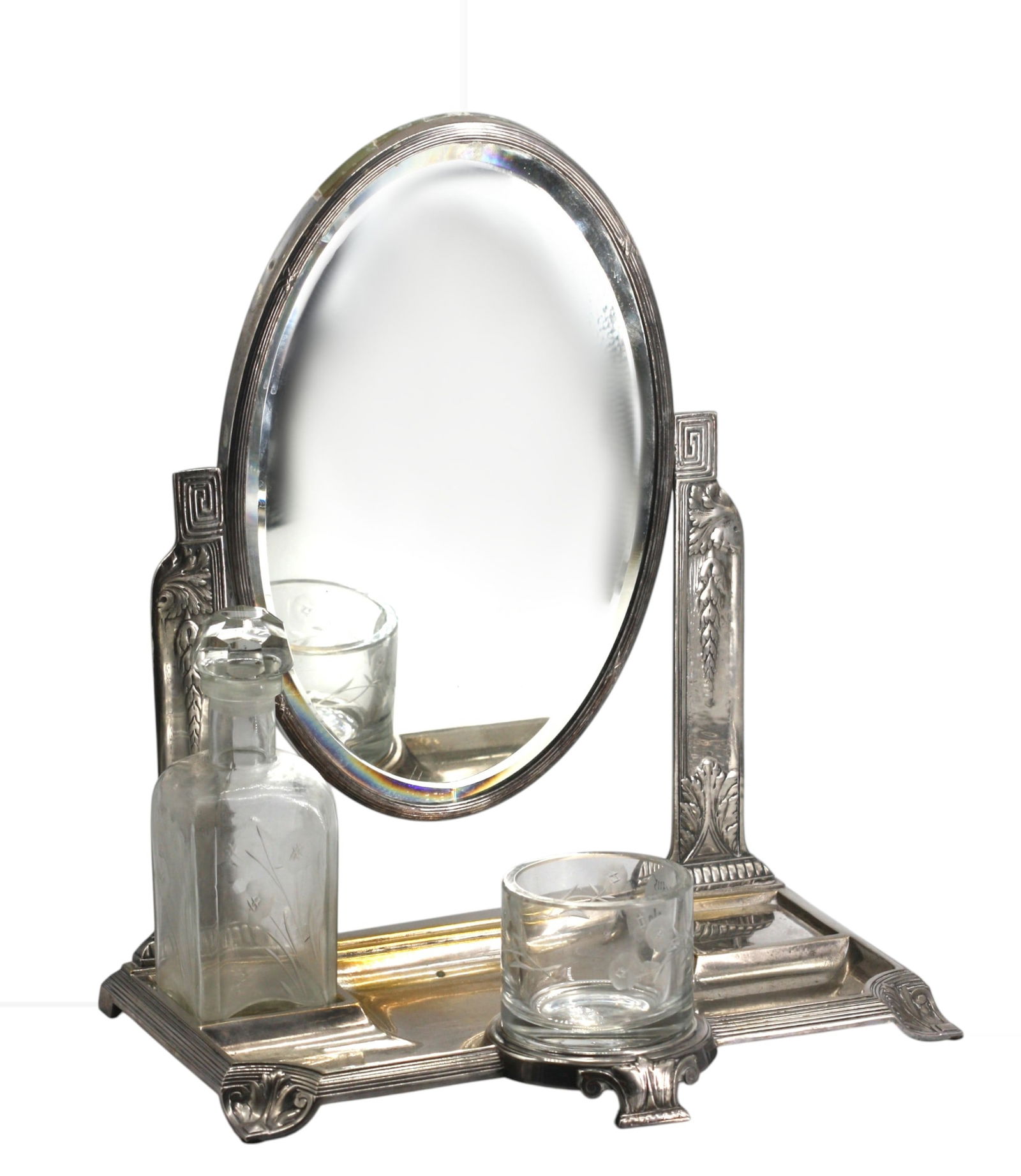 Art Nouveau Silver Plate & Cut-Glass Mirror Dressing: Small Silver Plate Rectangular Tray Marked Black Star & Gorham. The gadrooned border and handles centering a recess with allover rococo style foliage and C-Scrolls. Length 16 in., Width 9.5 in.