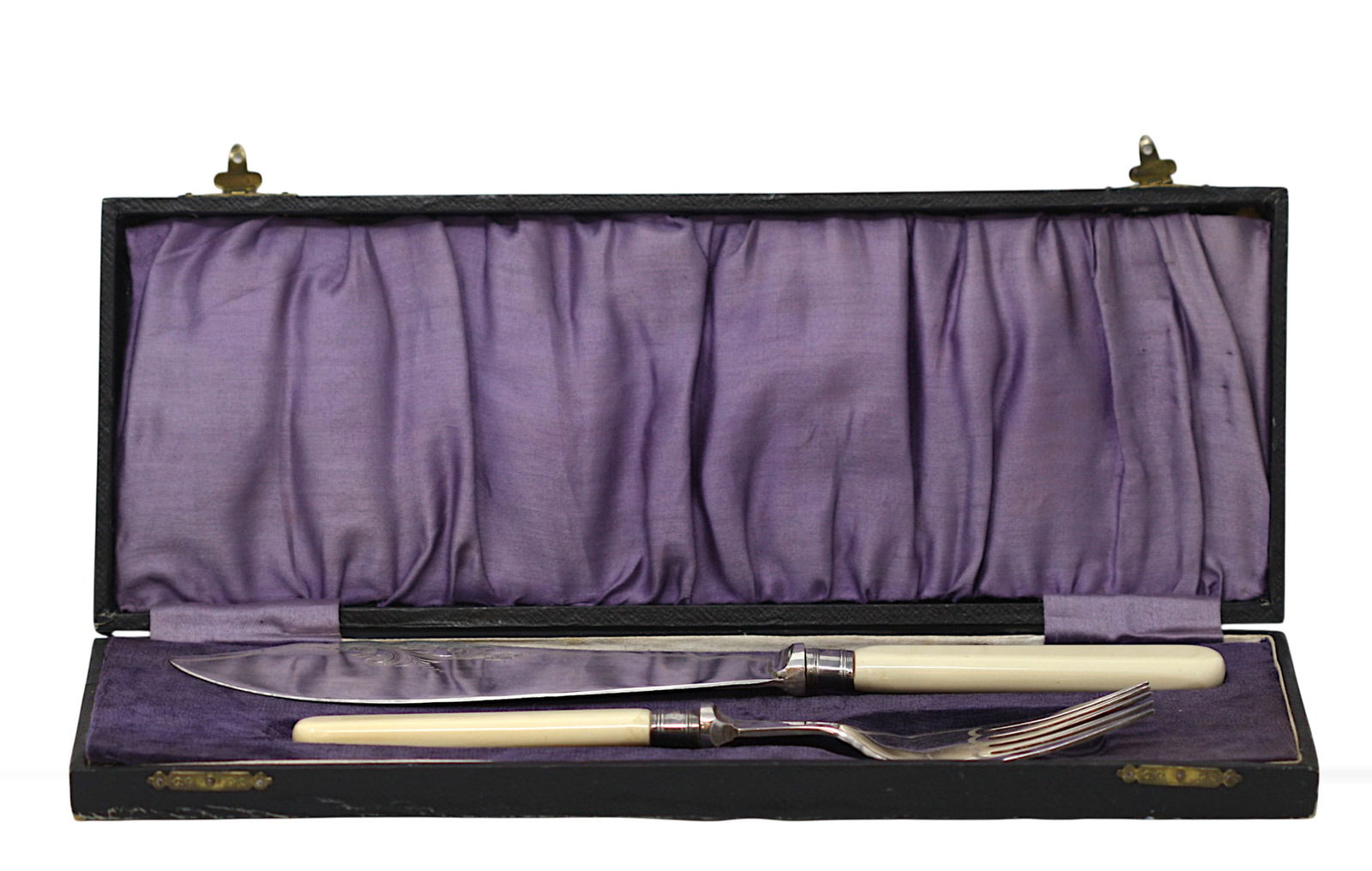 Pair of English Silver and Silverplate Fish Servers: Pair of English Silver and Silverplate Fish Servers Circa 1890. Marked EPNS A1, and Sterling. Comprising a fork and slice, in a fitted case. Length of slice 11.75 in.