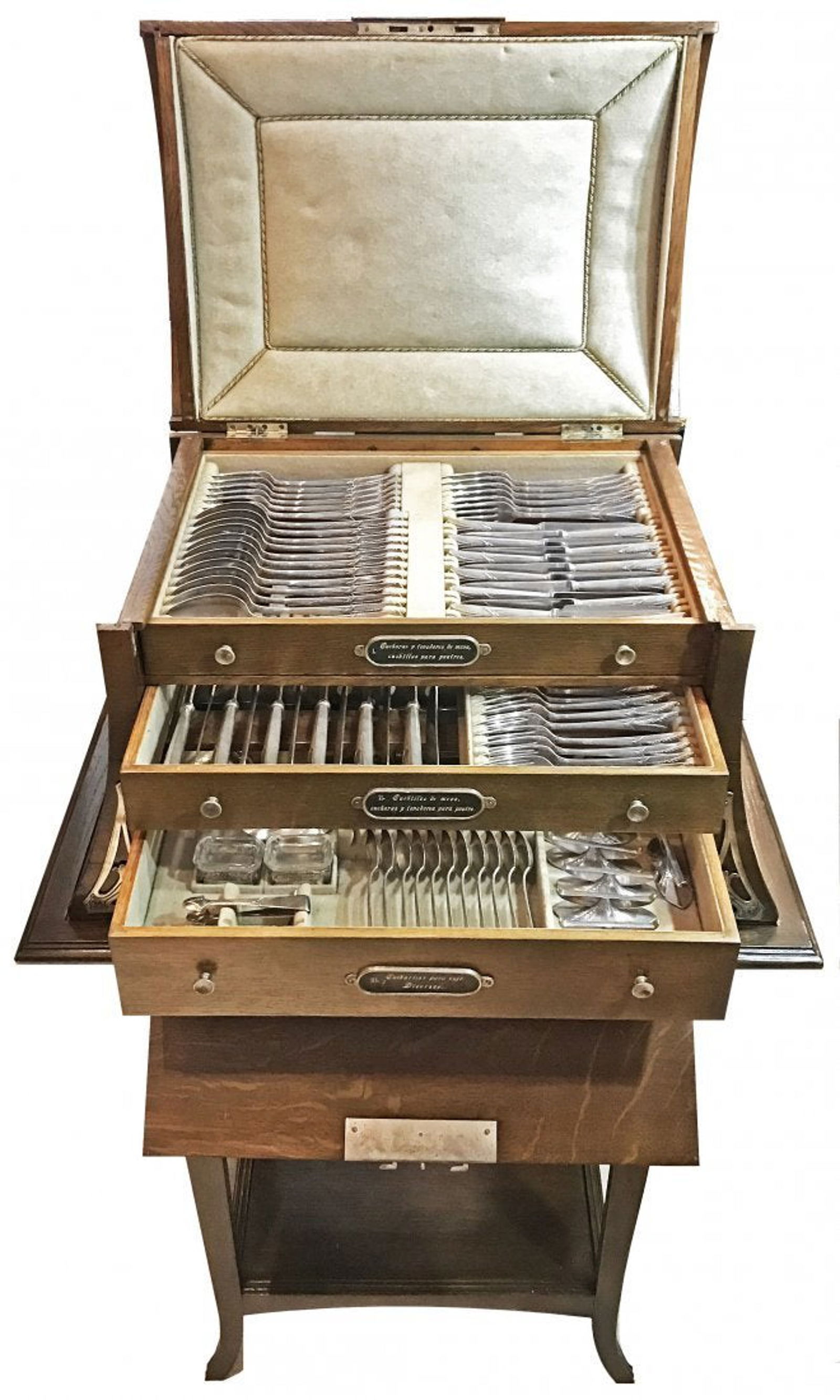 Extensive W.M.F. Art Nouveau Cutlery Service for Twelve w/ Cabinet: Extensive W.M.F. Art Nouveau Cutlery Service for Twelve w/ CabinetEarly 20th Century. The upper hinged casket with a fall front to reveal three fitted drawers, the lower section with a further two