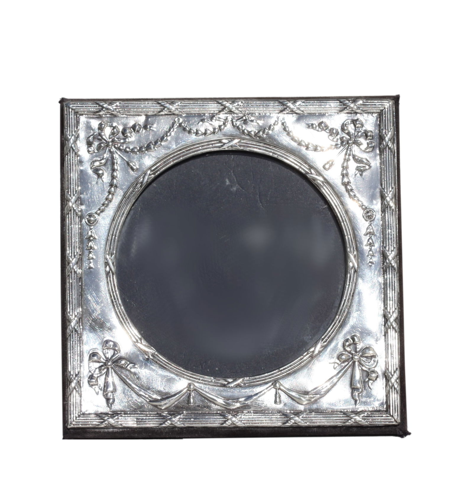 English Silver Picture Frame: English Silver Picture Frame London Hallmarks, maker RBB. Square, chased with bow-tied festoons and drapery swags with an inner and outer border of bundles reeds. 5.5 in. square