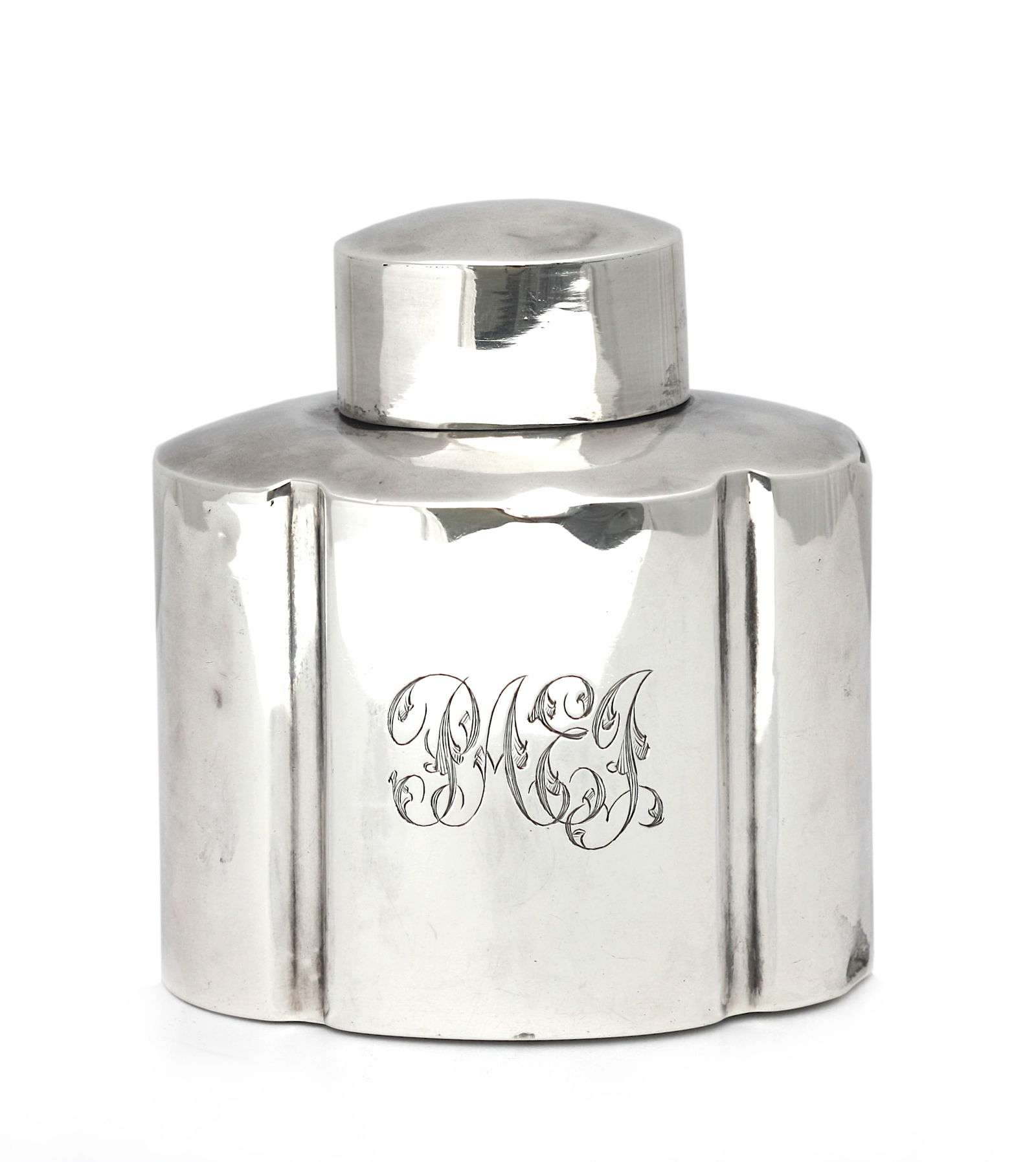 English Victorian Silver Tea Caddy: English Victorian Silver Tea Caddy London, 1868, retailed by Walter Wyatt, Bournemouth, maker Henry Atkin/Atkin Brothers. The four-sided lozenge-shaped caddy, with a monogram. 2.55 troy oz. Height 3.5