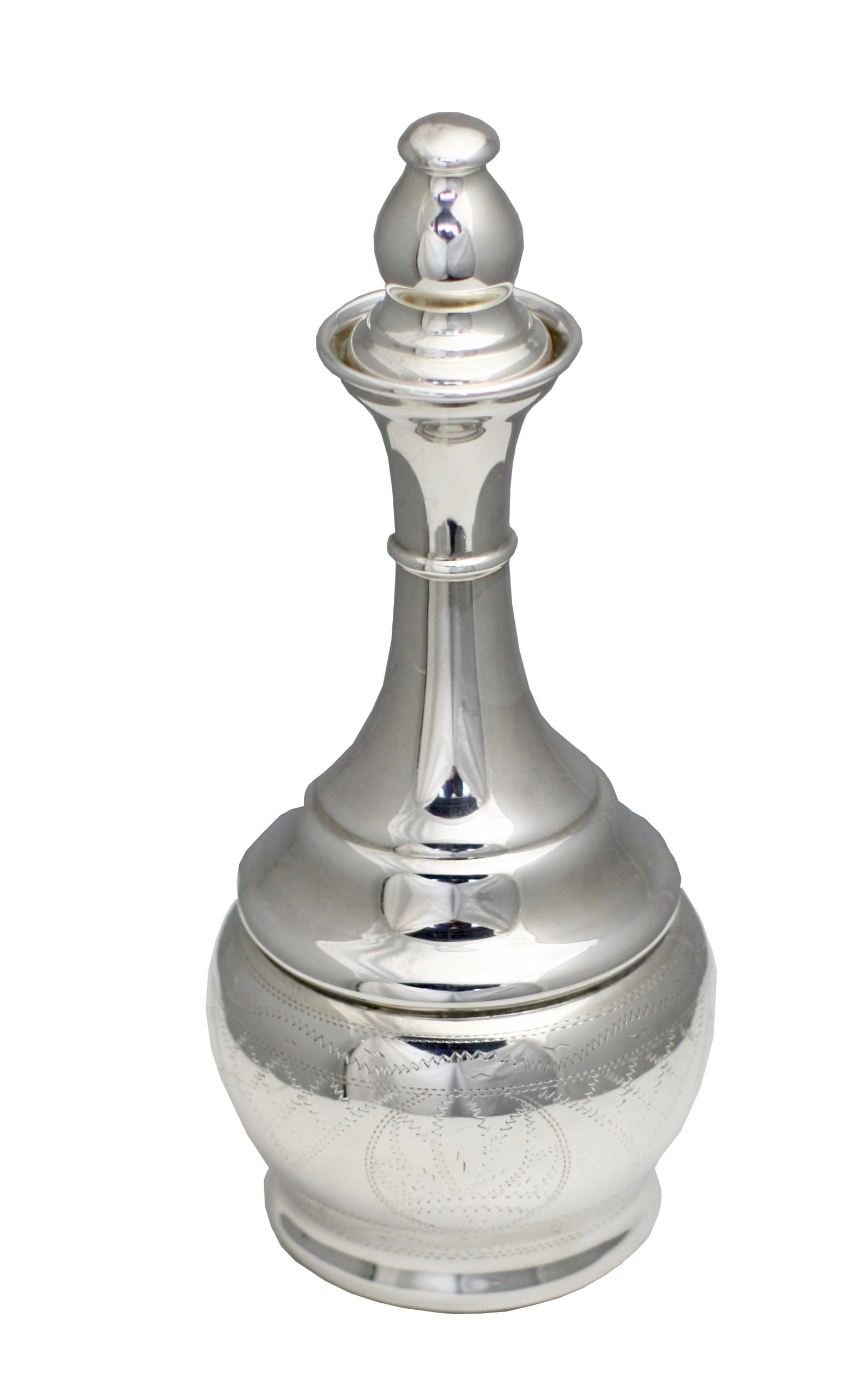 Sterling Silver Bottle with Stopper: Sterling Silver Bottle with Stopper Probably American, marked Sterling. ESCO. Of bottle-form with stylized foliage engraved stippling. 6.5 troy oz., Height 9 in. (22.86 cm.)