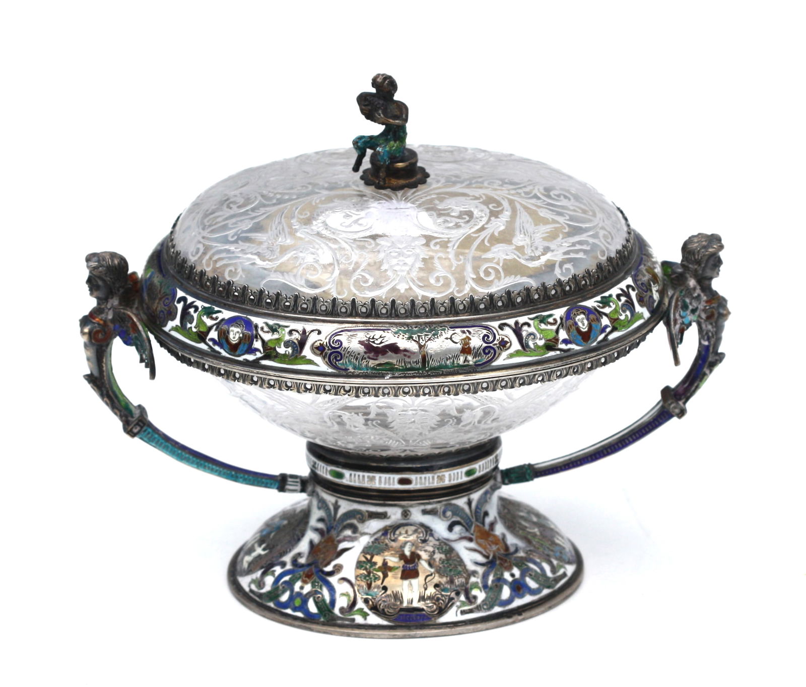 Hermann Bohm: Viennese Enameled Silver and Rock Crystal Coupe & Cover: Hermann Bohm: Viennese Enameled Silver and Rock Crystal Coupe and Cover Vienna, Last Quarter of the 19th Century A finely executed Viennese Mannerist-style coupe and cover by Hermann Böhm, crafted
