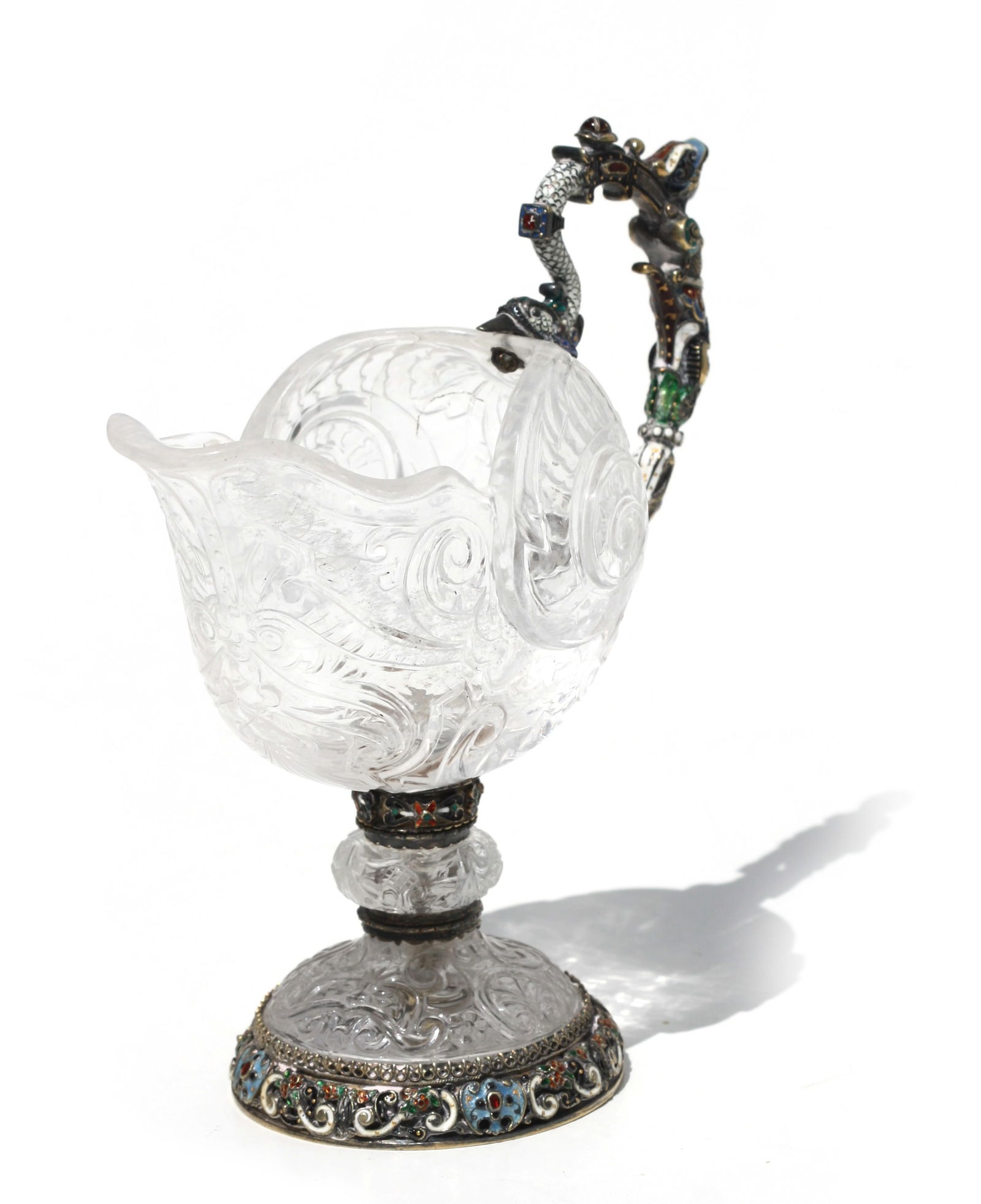 A Fine Viennese Enameled Silver and Rock Crystal Shell-Form Ewer: A Fine Viennese Renaissance Revival Enameled Silver and Rock Crystal Shell-Form Ewer By Herman Ratzersdorfer (Austrian, active late 19th century) Last Quarter of the 19th Century Elegantly conceived