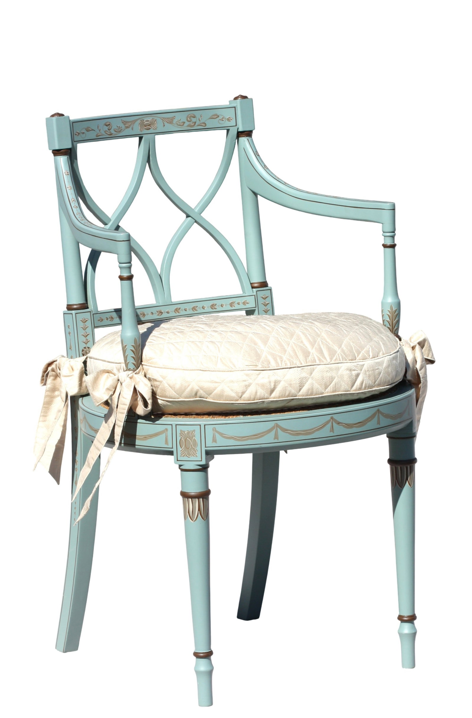 George III Style Painted Armchair: George III Style Painted Armchair The open lattice back with out-turned arms, centering a circular caned seat, on circular tapering legs, painted light blue and with foliage.