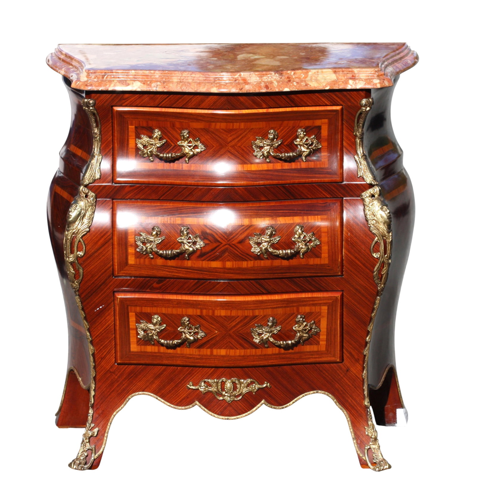 Louis XV Style Marble Top Inlaid Rosewood Petite Commode: Louis XV Style Marble Top Inlaid Rosewood Petite Commode The marble top above a shaped case fitted with three line inlaid drawers on cabriole legs. Height Width Depth