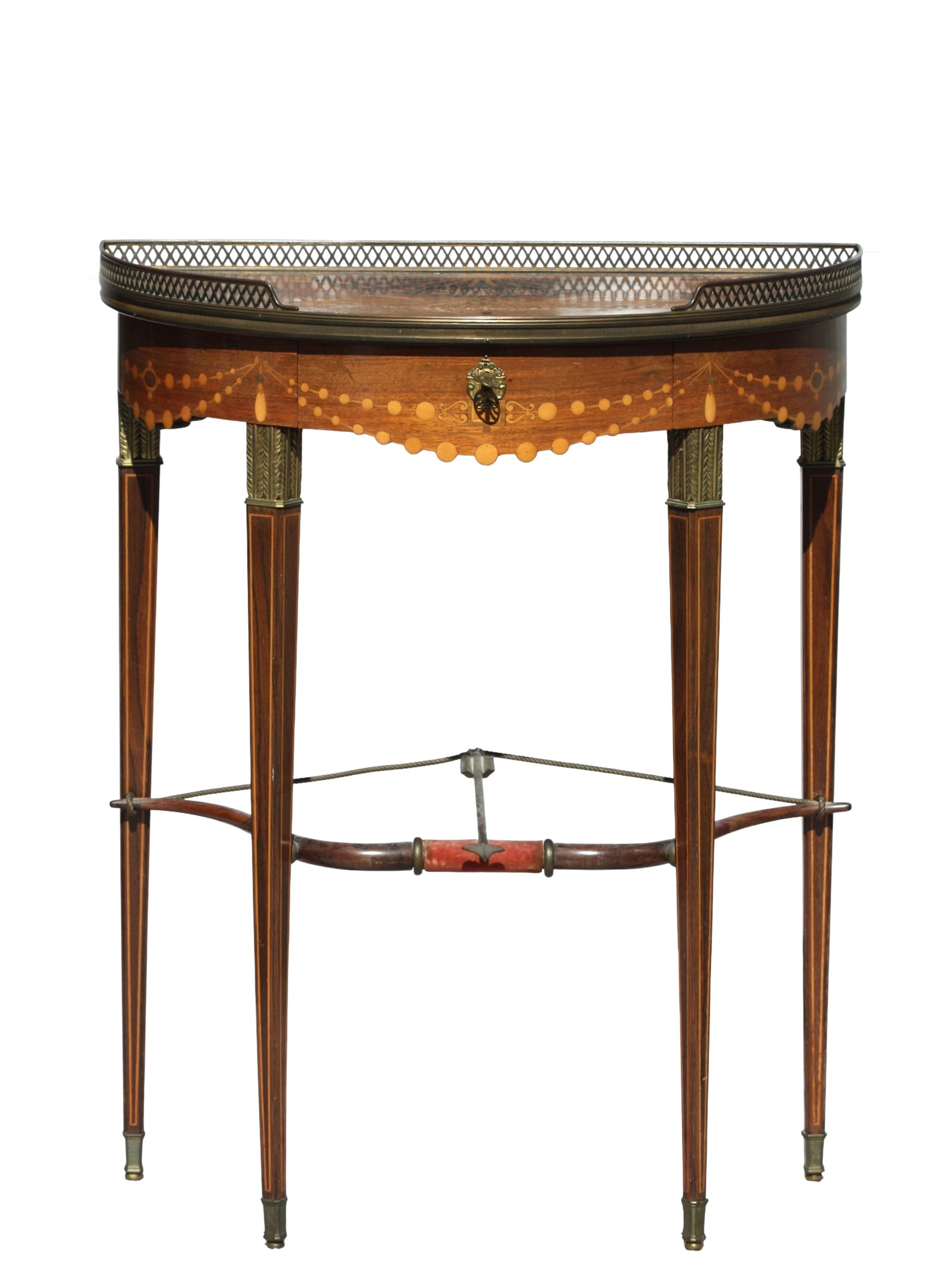 Continental Neoclassical Style Demi-Lune Side Table: Continental Neoclassical Style Demi-Lune Side Table The top with a pierced brass gallery, inlaid with a stylized fan and fruiting foliage, the frieze with a drawer inlaid with strands of beads, on squ