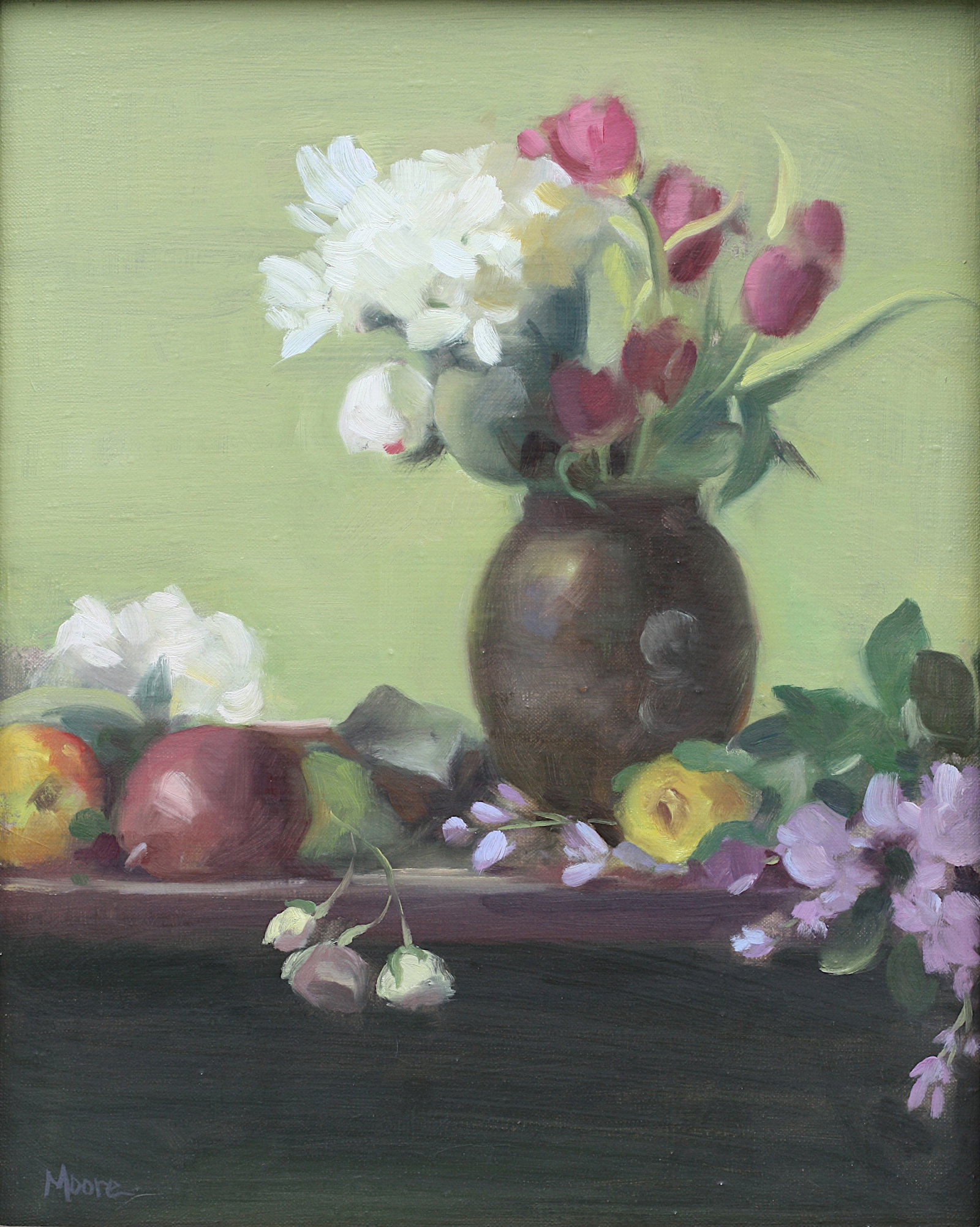 Artist Unknown, 20th Century, Painting: Artist Unknown, Painting Still Life with Flowers, signed Moore, l.l. 20 by 16 in., framed, 25 by 21.5 in.