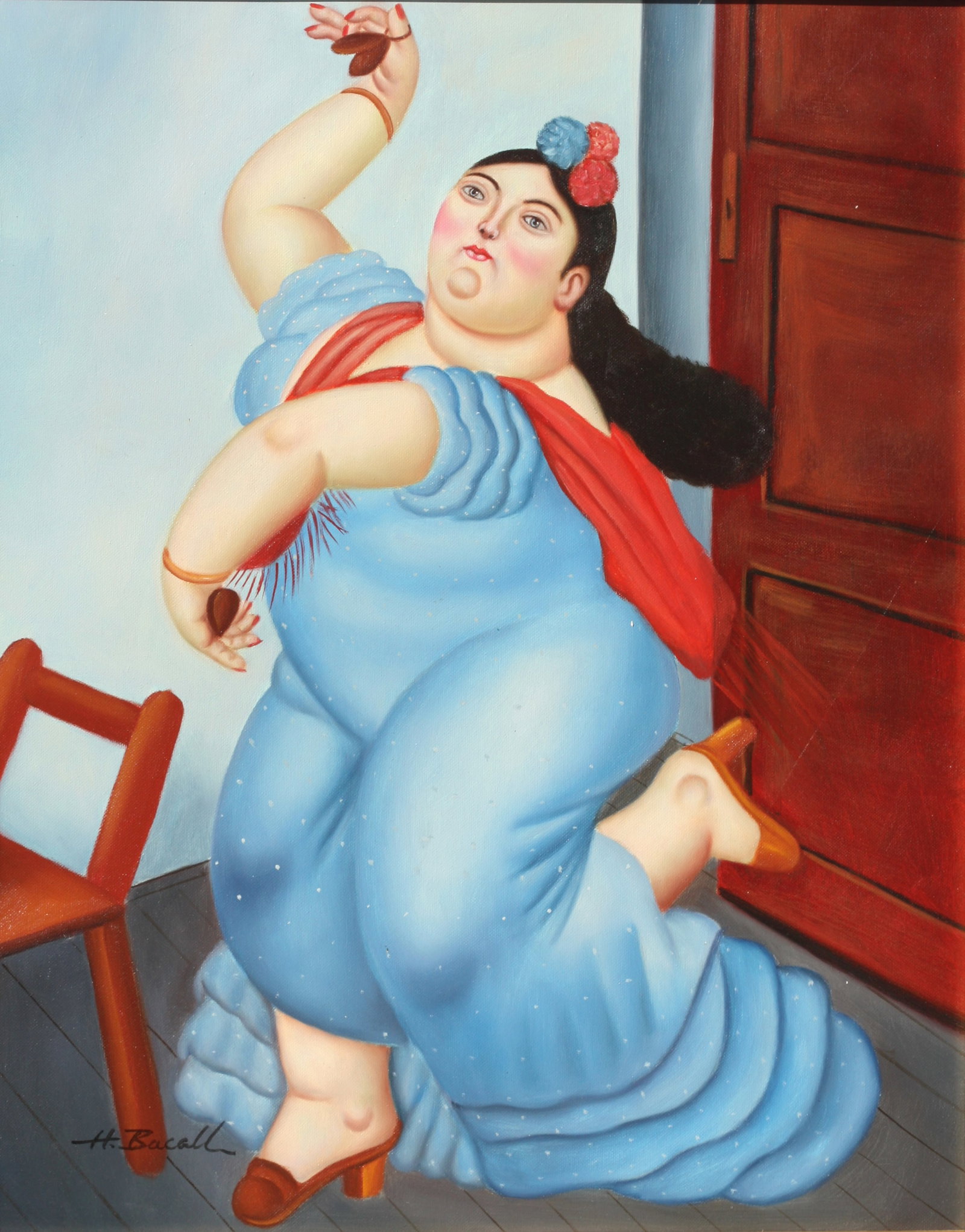 H. Bacall, After Botero, (20th Century) Painting: H. Bacall, After Botero, (20th Century) Portrait of a Woman in a Blue Dress signed H. Bacall, oil on canvas 20 by 16 in., framed, 27 by 22.5