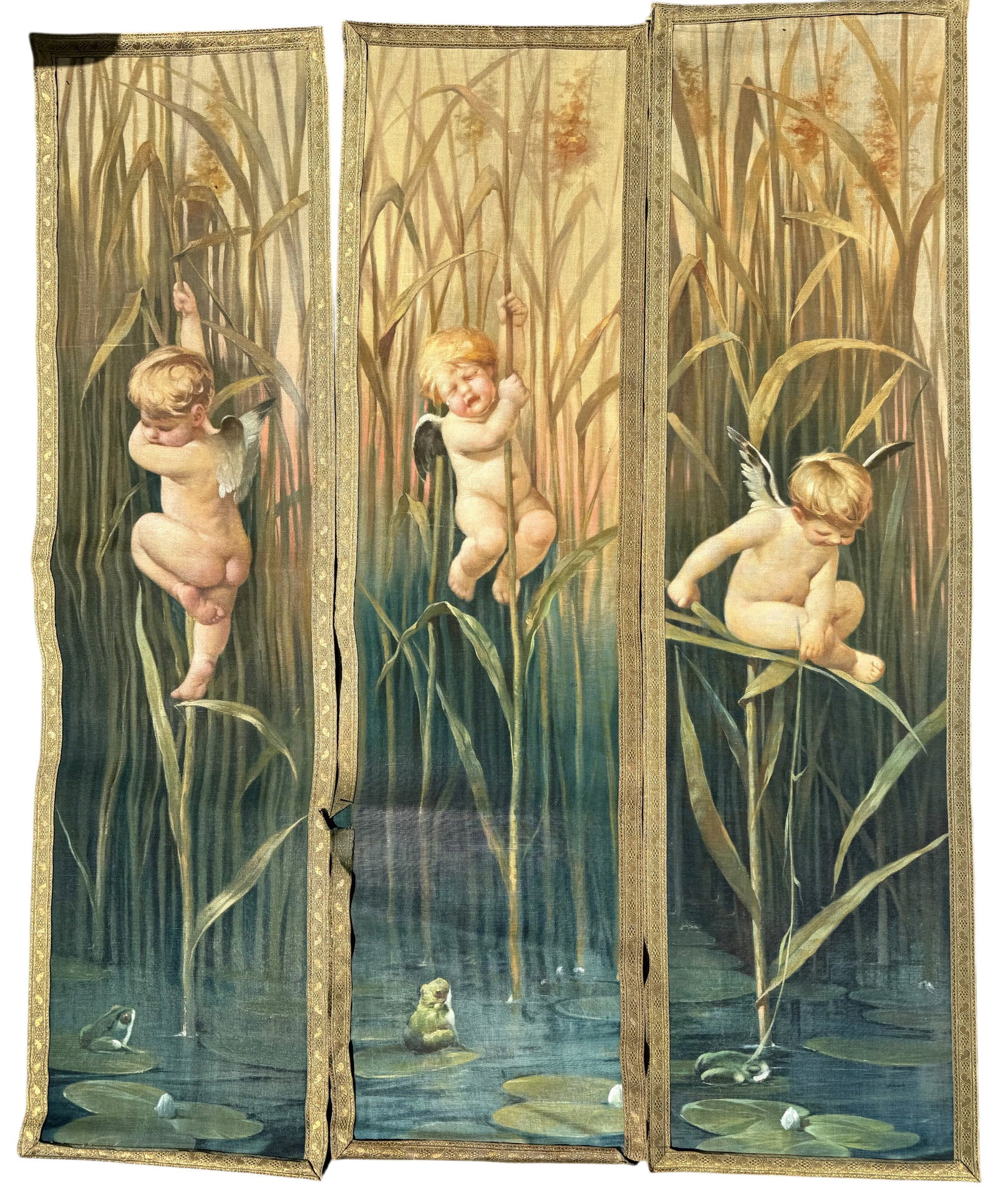 Three Putti Painted Canvas Panels: Three Putti Painted Canvas Panels Each with a putto grasping marsh reeds, with a lily pad and frog at the bottom, with a gilt embroidered border. Height 65 in., Width 17 in.