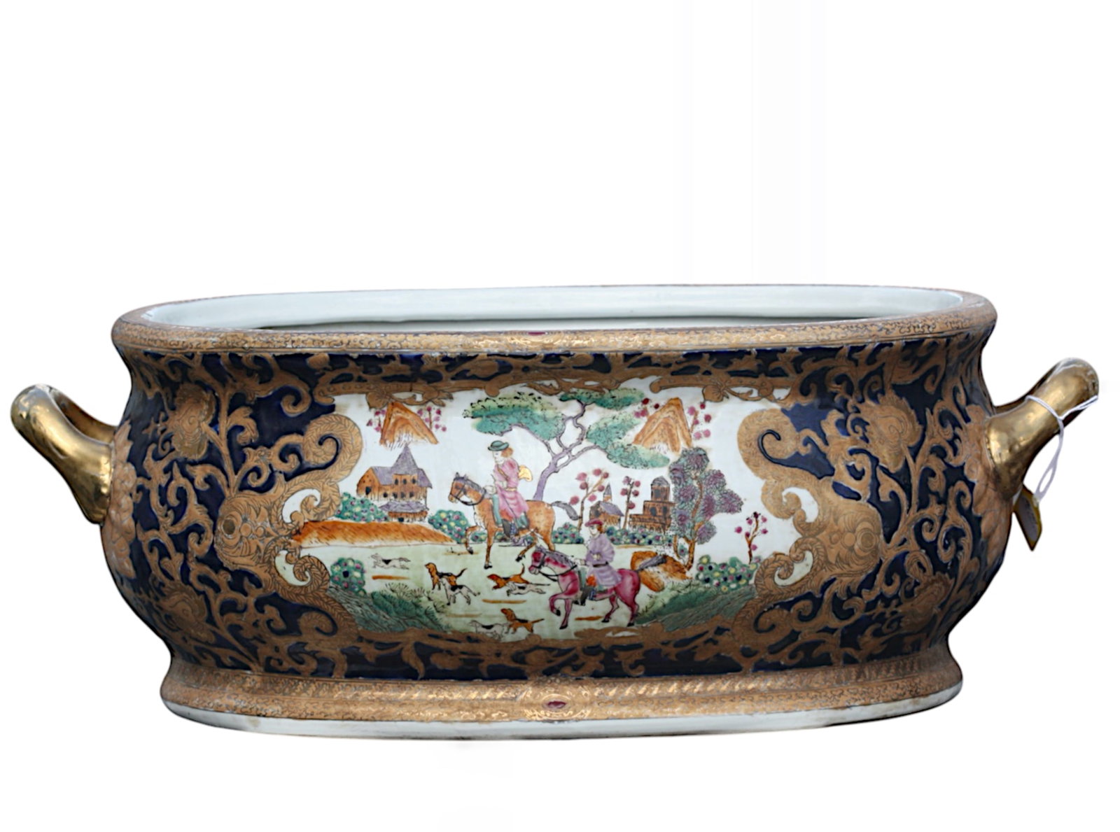 Chinese Export Style Porcelain Montieth: Chinese Export Style Porcelain Montieth The underside inscribed with character marks in red. Oval, with two gilt handles, the exterior with European figures on horseback in a landscape, on a blue and 