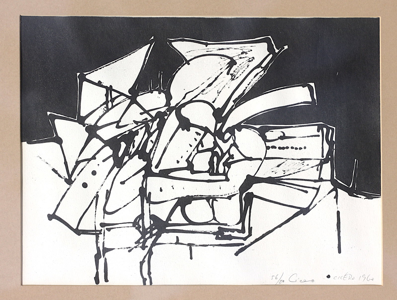 Carmen Cicero, (American, b. 1926), Lithograph: Carmen Cicero, (American, b. 1926) Untitled Abstract, signed twice, dated 1960, numbered 56/80, l.r, on black on paper site 9 by 12 in., overall, matted, framed 20 by 24 in.