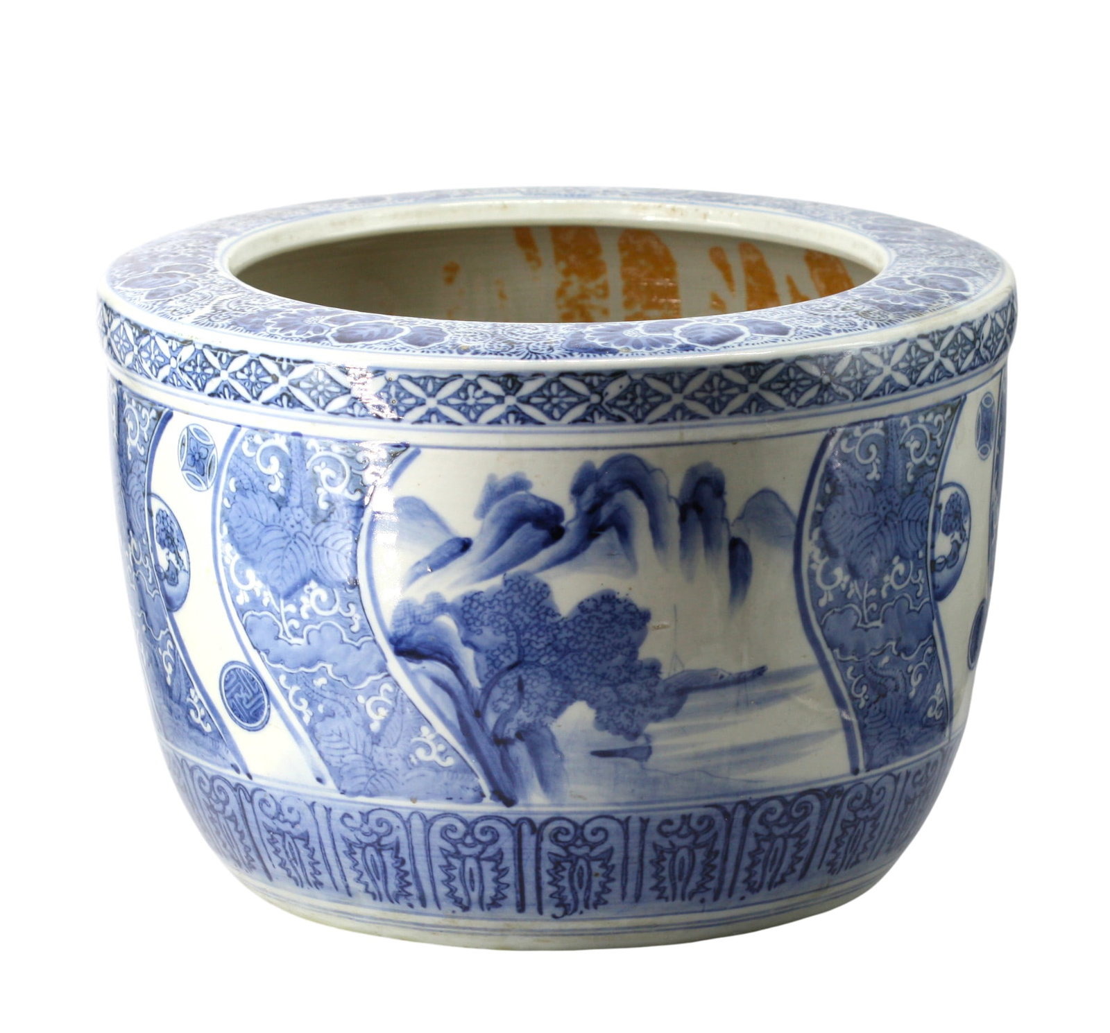 Blue and White Decorated Porcelain Jardiniere: Blue and White Decorated Porcelain Jardinierere served with landscapes and decorated with foliage. Height 10.5 in., Diameter 16 in.