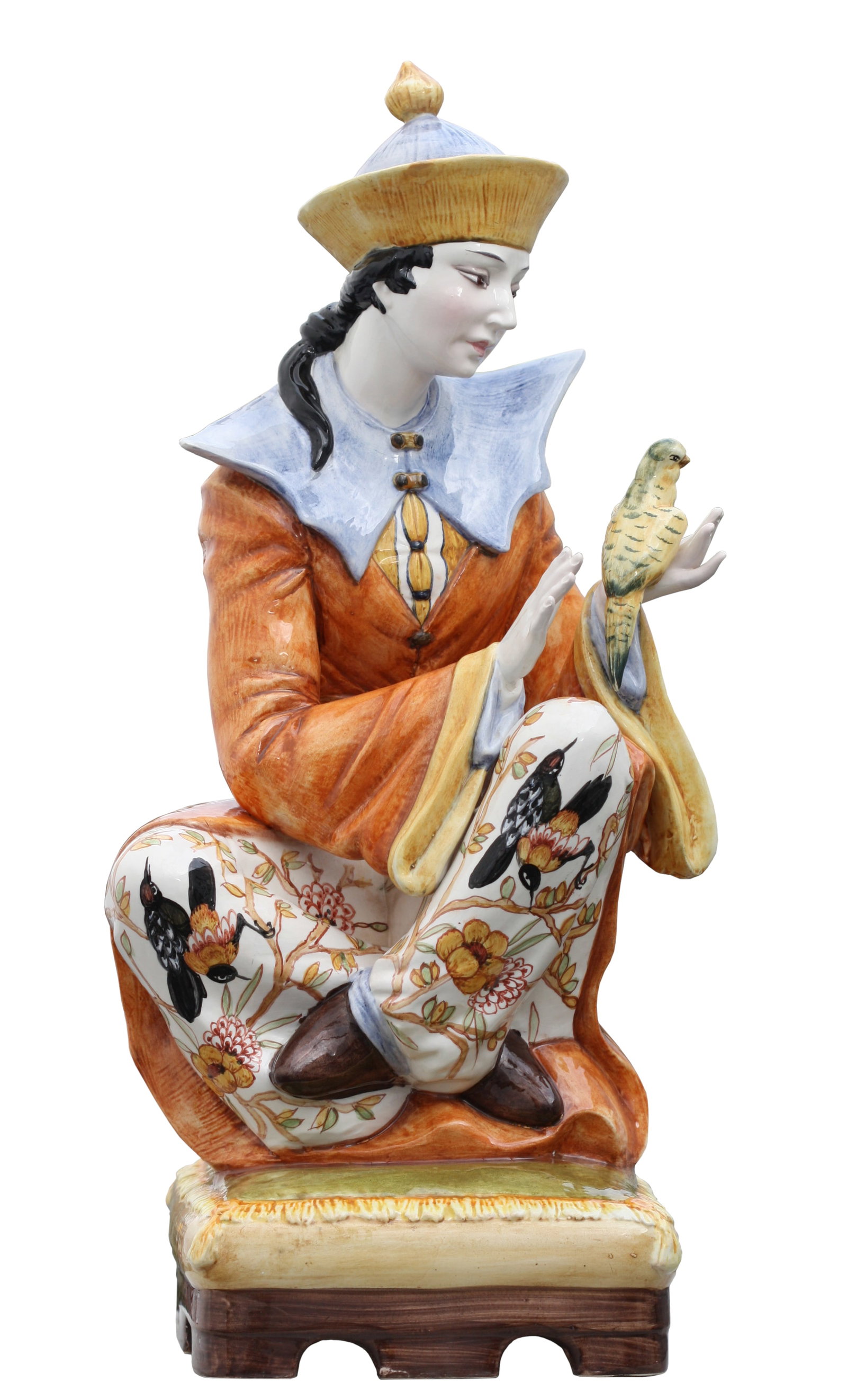 Italian Majolica Mandarin, mtd. as Lamp: Italian Majolica Mandarin Colorfully painted depicting a young Mandarin seated upon a cushion, formerly mounted as a lamp. Height 26 in., Width 12 in., Depth 14 in.