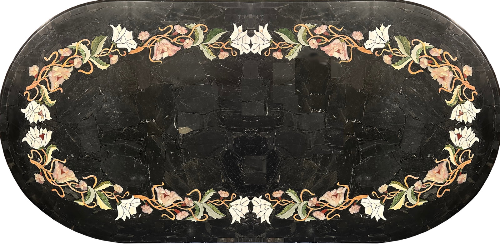 Large Inlaid Oval Composition Table Top: Large Inlaid Oval Composition Table Top Modern, inlaid with a band of flowering vines on a black ground. Length 84 in., Width 42.5 in., Depth 1.75 in.