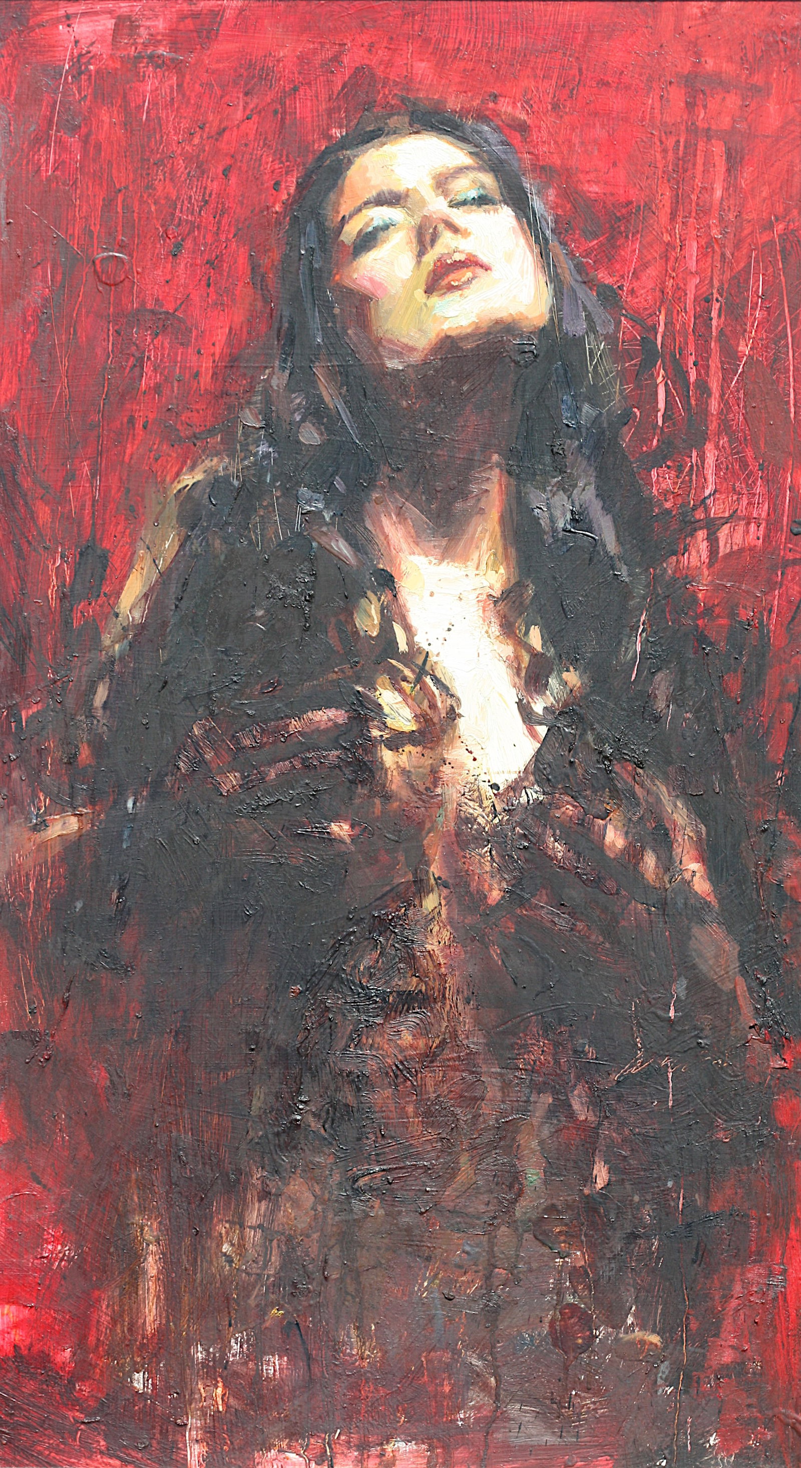 Giuseppe Dangelico (Pino) (Italian, 1939-2010) Giclee: Giuseppe Dangelico (Pino) (Italian, 1939-2010) Painting Untitled, (Female Upper Body, Gazing Upwards) appears unsigned, the reverse personalized by the artist. oil on board. 36 by 19 in., overall, fra