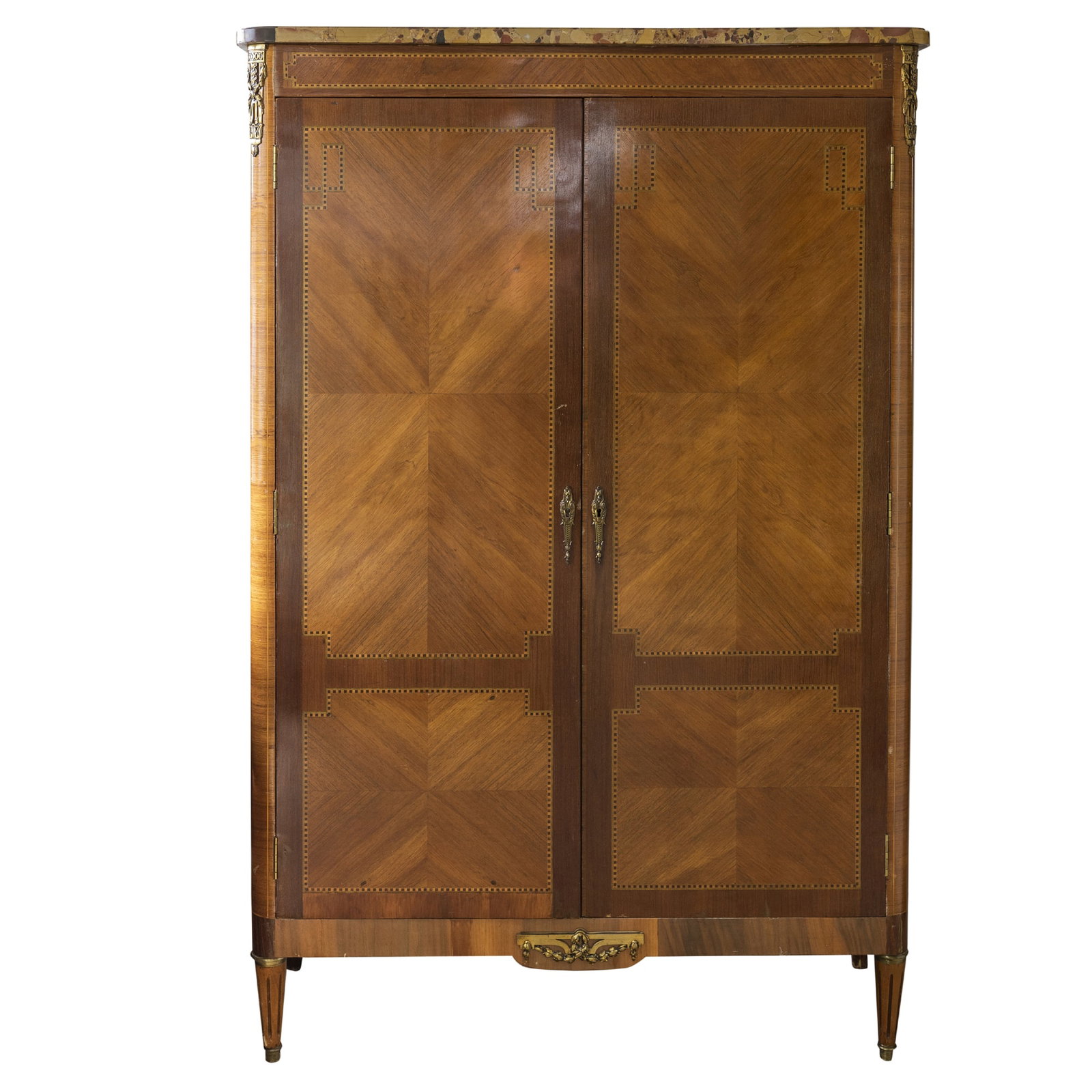 Louis XVI Style Inlaid Tulipwood Marble-Top Cabinet: Louis XVI Style Inlaid Tulipwood Marble-Top Cabinet Early 20th Century. The breche de alep rectangular marble top, above a case with inlaid two doors, opening to a shelved interior, on circular inlaid