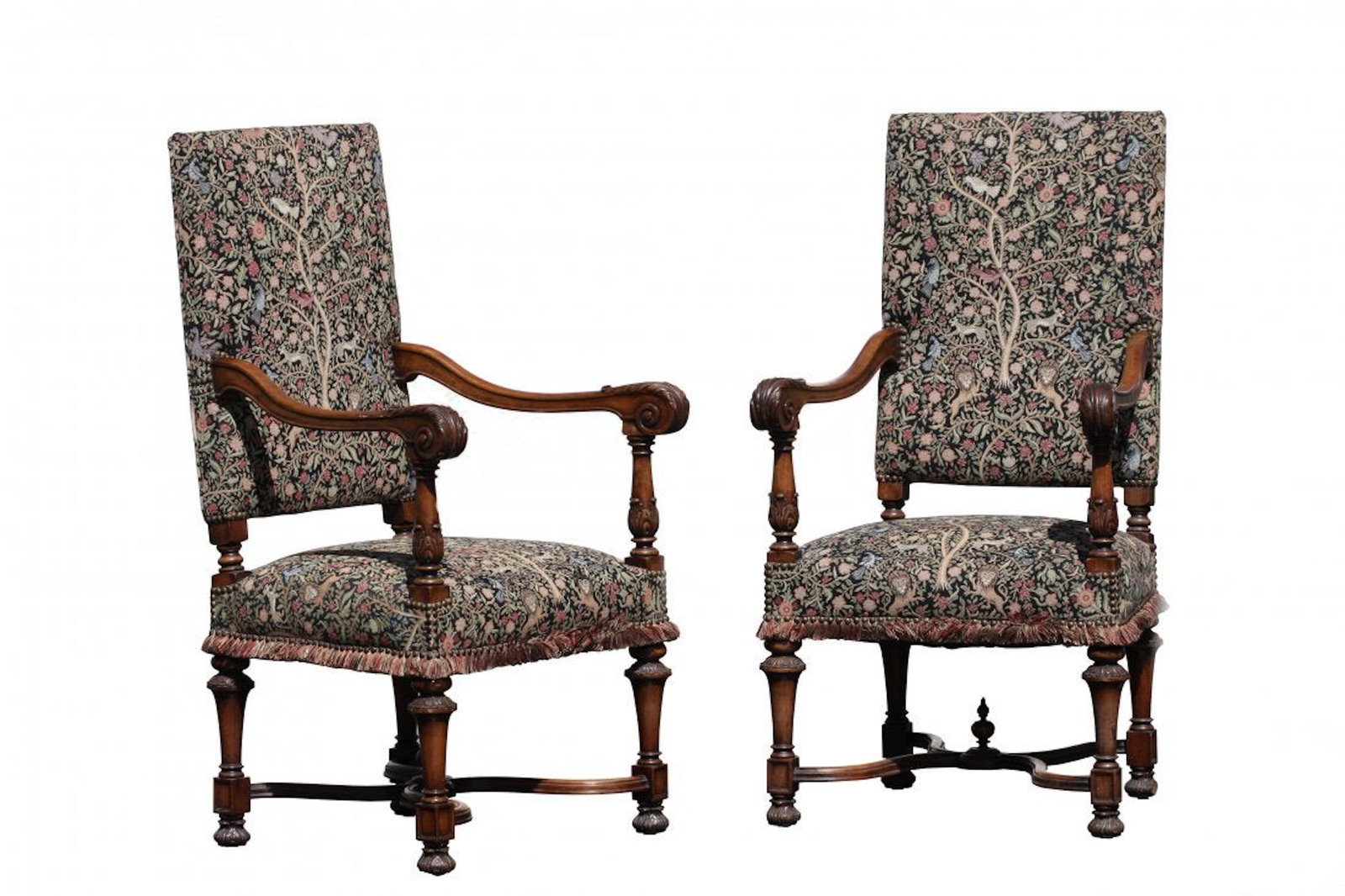 Pair French Carved Walnut Fauteuils a la Reine: Pair French Carved Walnut Fauteuils a la Reine In the Louis XIV style, each with faux tapestry upholstered back and seat, the arms with square incurved supports carved with husks and rising acanthus l