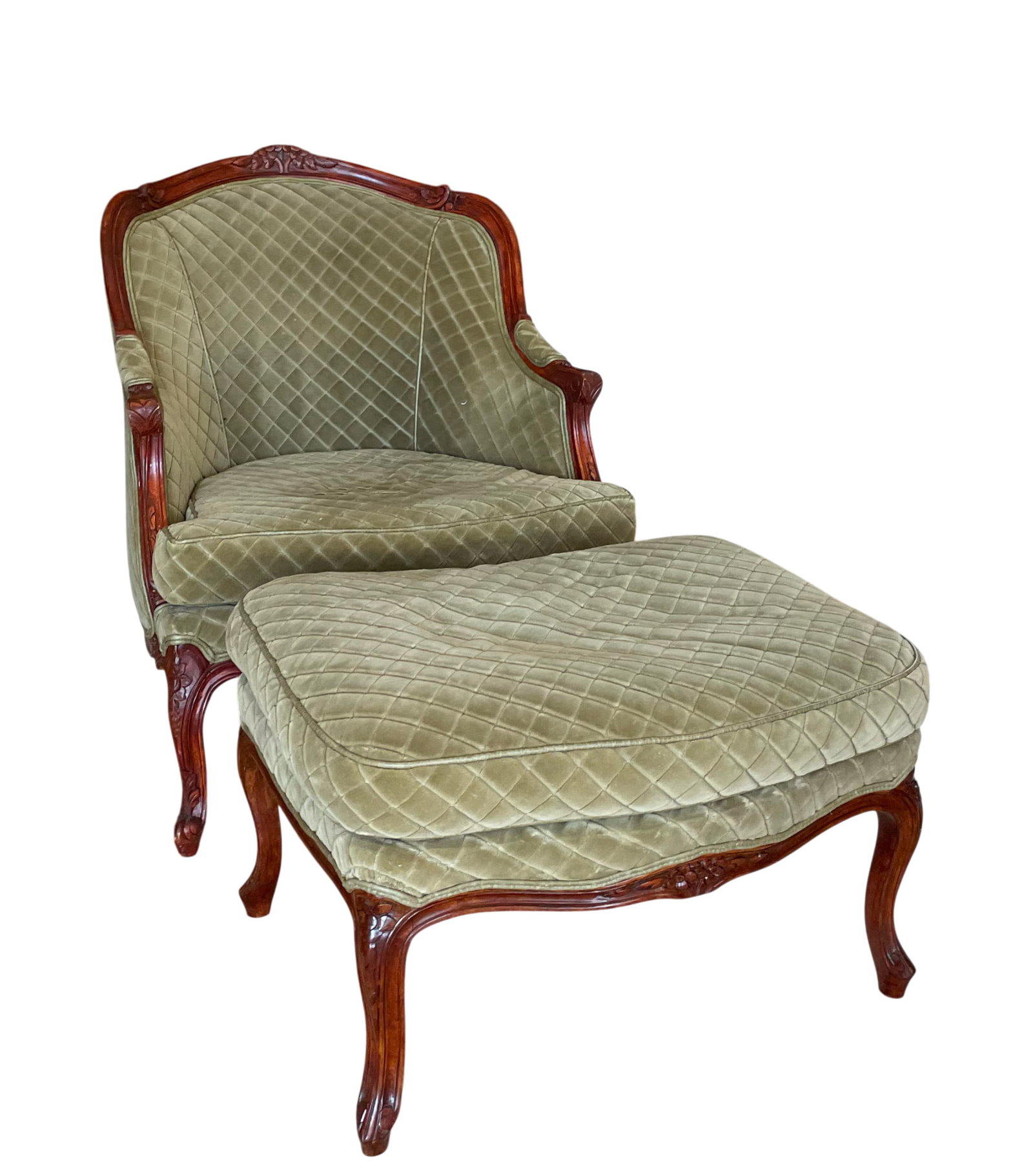 Louis XV Style-Stained Wood Duchesse Brisse: Louis XV Style-Stained Wood Duchesse Brisse The molded foliate carved curved cresting continues to conforming arms, centering a loose cushion seat, on molded cabriole legs, the shaped extension simila