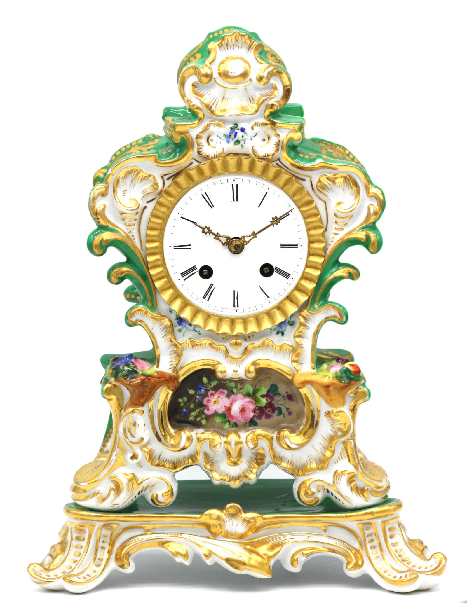 Paris Porcelain Parcel Gilt Enameled Mantel Clock on Stand: Paris Porcelain Parcel Gilt Enameled Mantel Clock on Stand French, late 19th century. The movement stamped, Raingo Fres Paris. The two-train movement with circular dial with Roman numerals housed with