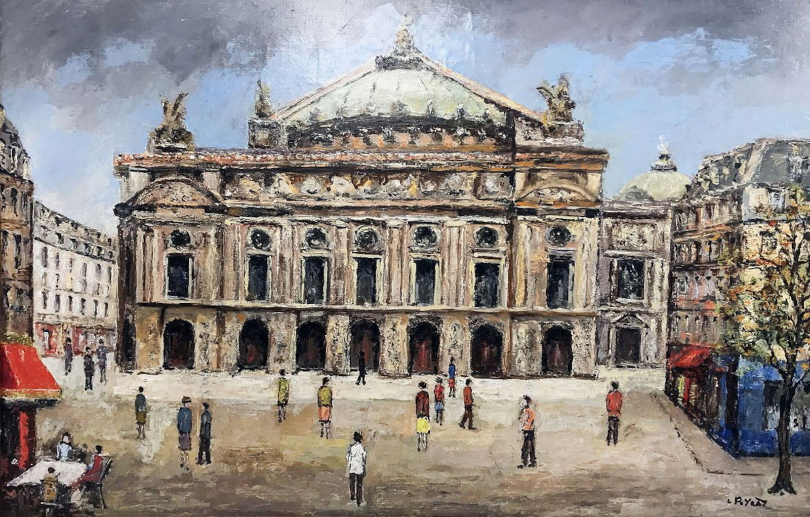 Louis Peyrat (French, 1911-2001) Painting: Louis Peyrat (French, 1911-2001) Place de la Opera, signed L. Peyrat, l.l., oil on canvas 35.5 by 23.5 in. (90 x 60 cm.), overall, 44.75 by 33 in. (113 x 84 cm.)