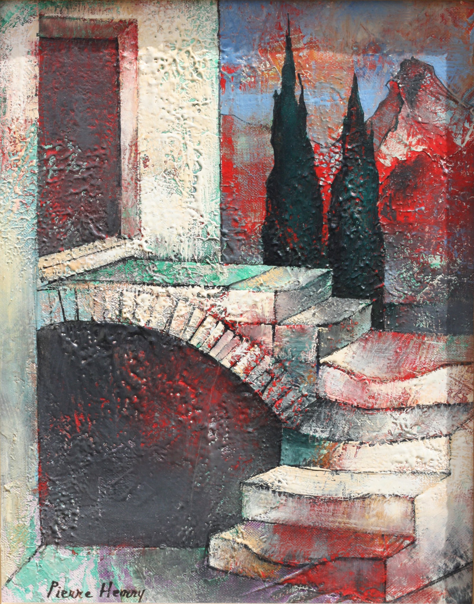 Pierre Henry, (American, 1924-2015), Painting: Pierre Henry, (American, 1924-2015), Domestic Landscape, oil on canvas, signed 9.5 by 7.5 in. (24 by 19 cm.) overall, 13.5 by 11.5 in. (34 by 29 cm.)