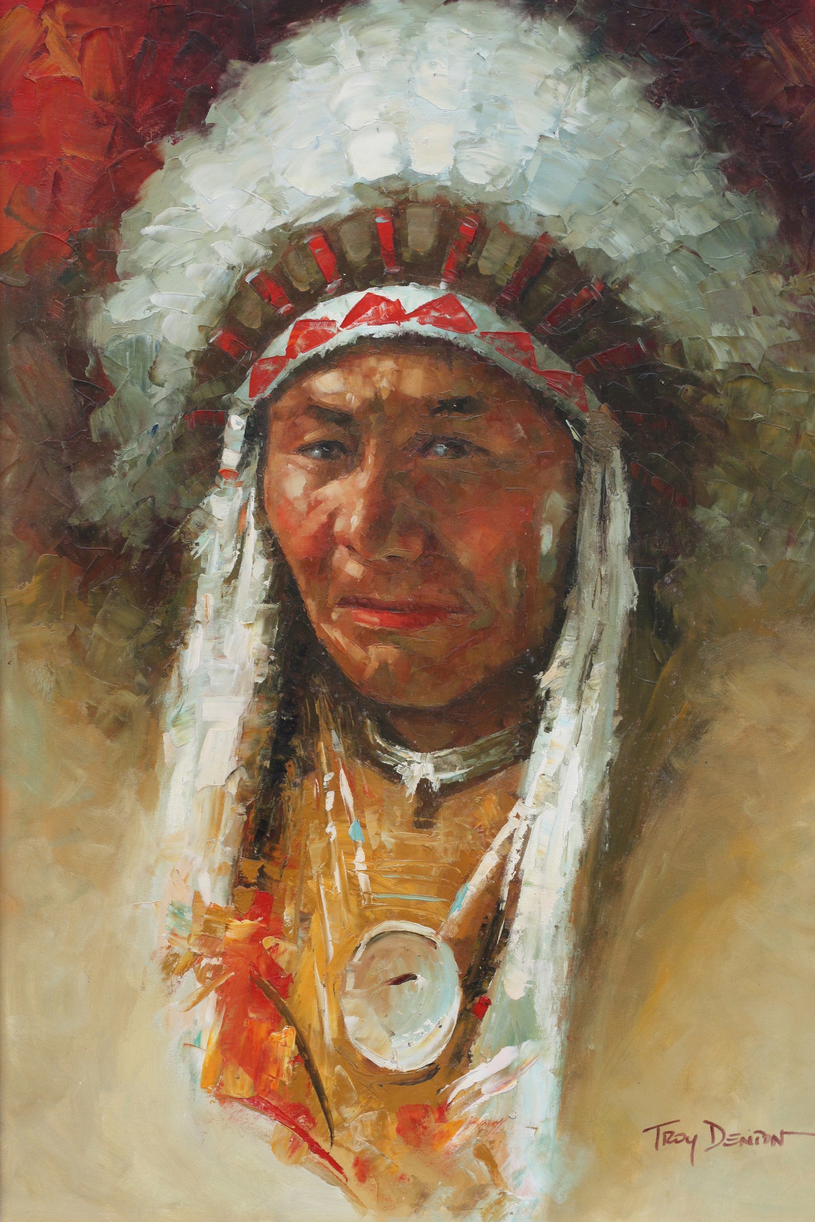 Troy Denton, (American, b.1949), Painting: Troy Denton, (American, b.1949), Painting Portrait of an Indian Chief, signed Troy Denton, l. r., ,oil on canvas 25.5 by 23 in. (65 by 60), overall, 44.5 by 32.5 in. (113 by 82.5)